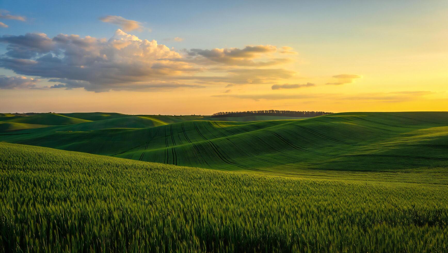 Nature Background Serene Sunset over Rolling Green Wheat Fields Agricultural Landscape photo