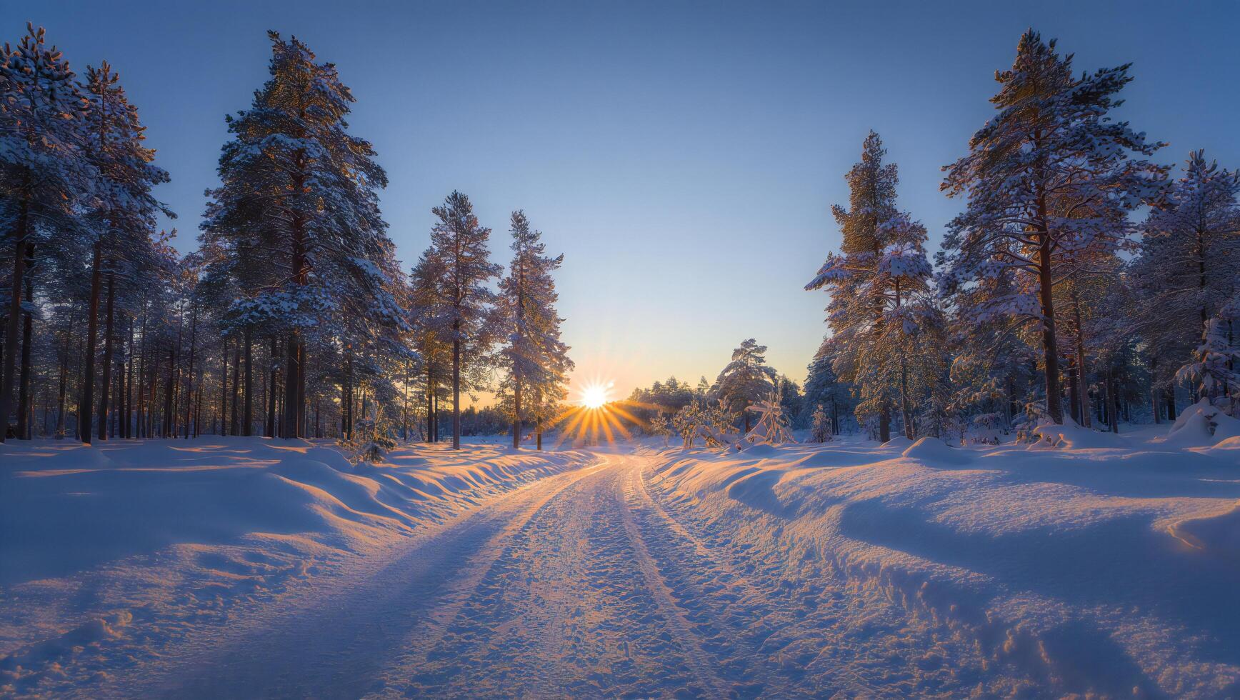Nature Background Serene Winter Sunset Snow Covered Path Through a Pine Forest photo