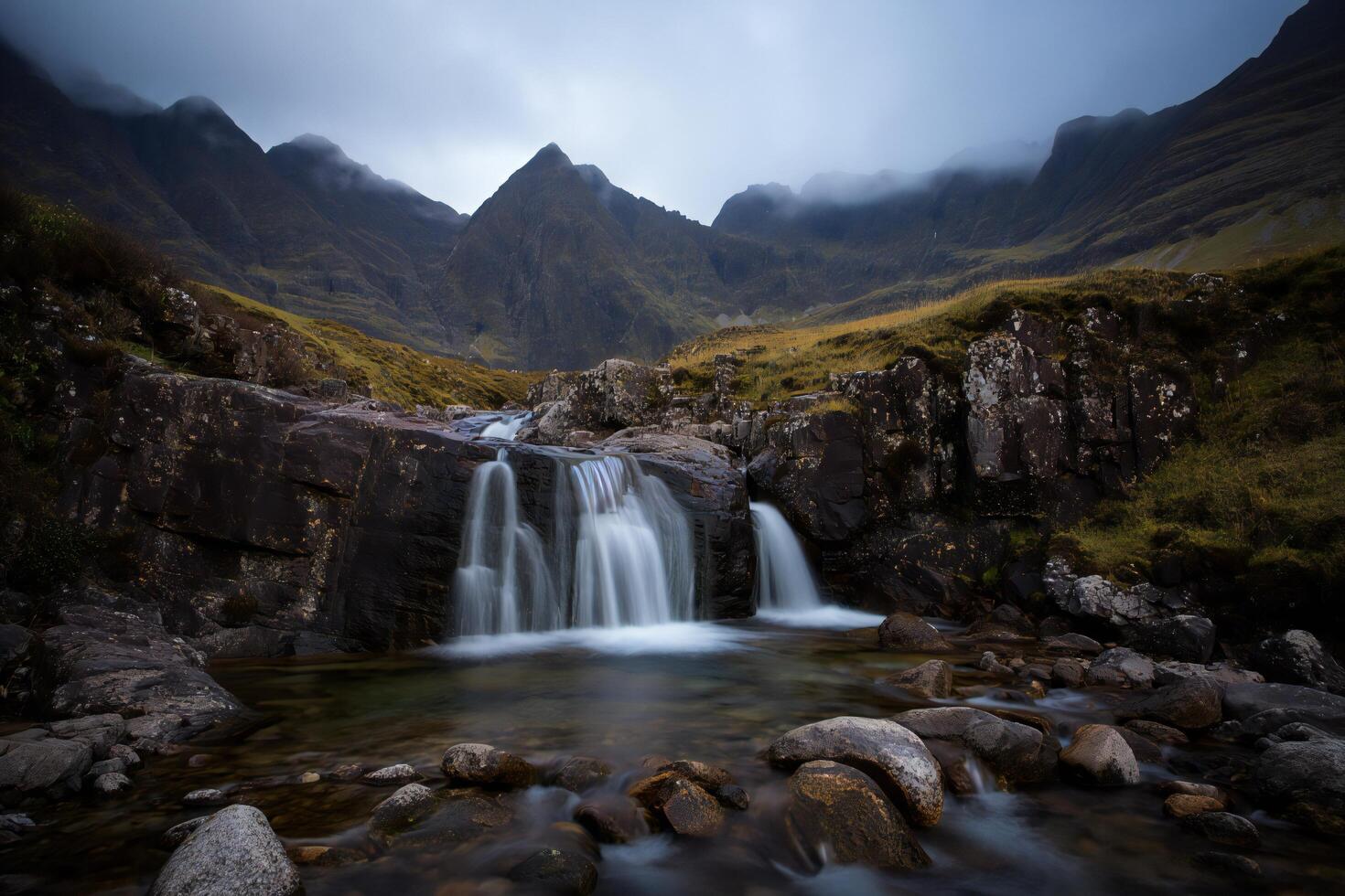 Nature Background Serene Waterfall Cascading Through Scottish Highlands Mountains photo