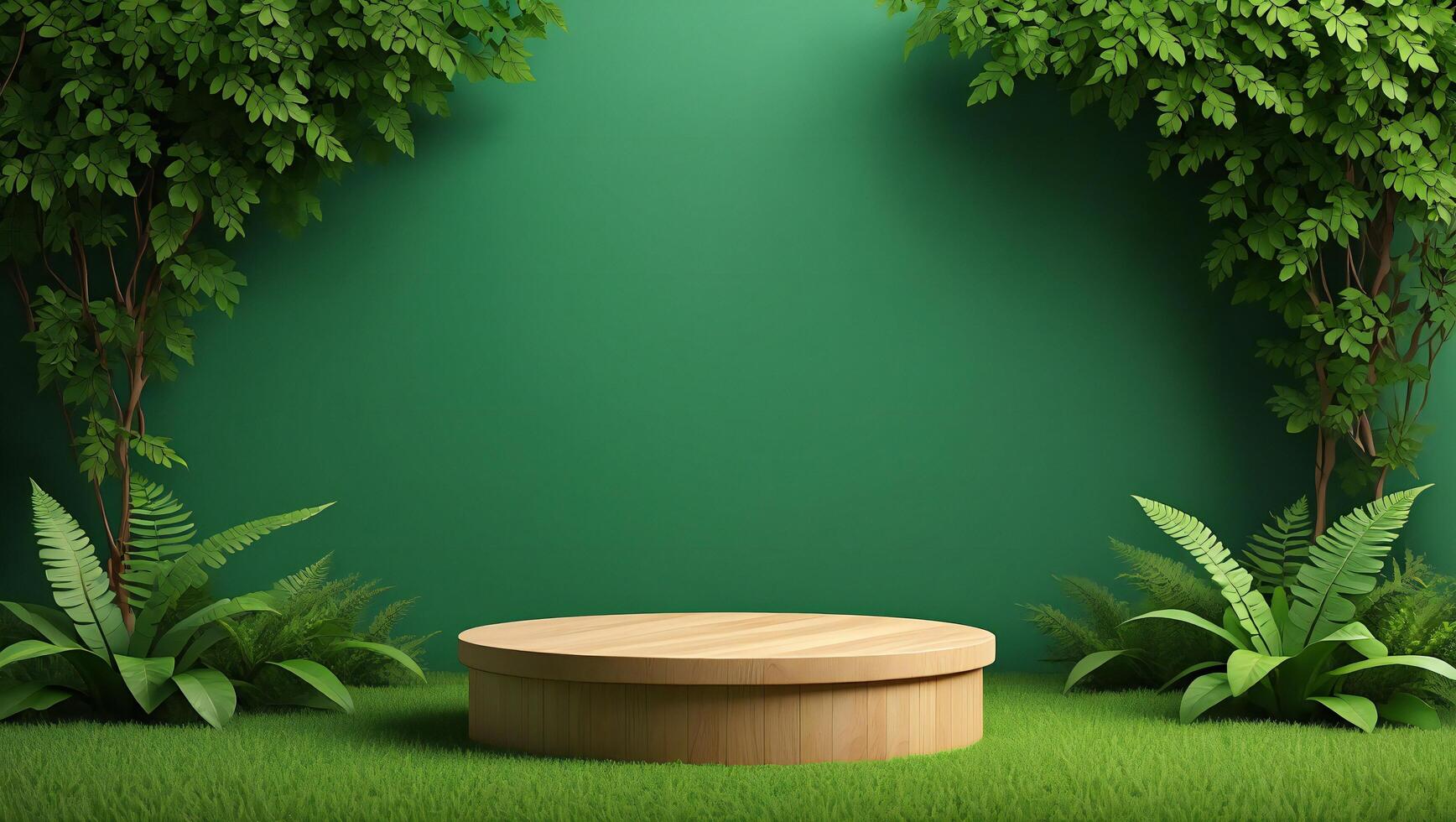 Nature Background Serene Wooden Platform on Grass with Lush Green Foliage Background for Product Display photo