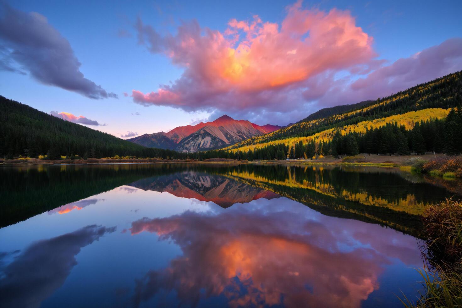 Nature Background Stunning Autumnal Mountain Lake Reflection at Sunset Colorful Sky Golden Aspens photo
