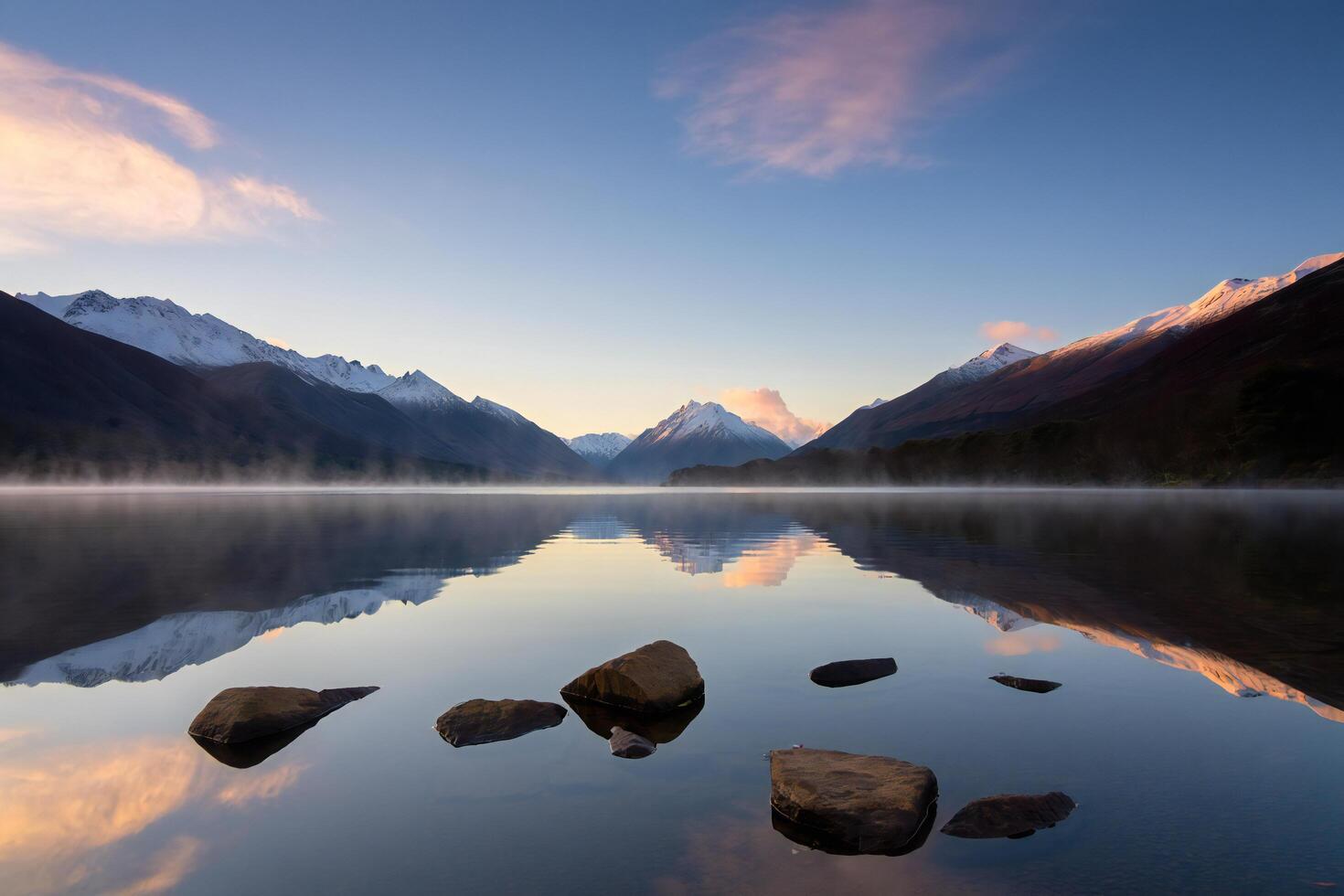 Nature Background Serene Dawn Misty Lake Reflecting Snow Capped Mountains and Rocks photo