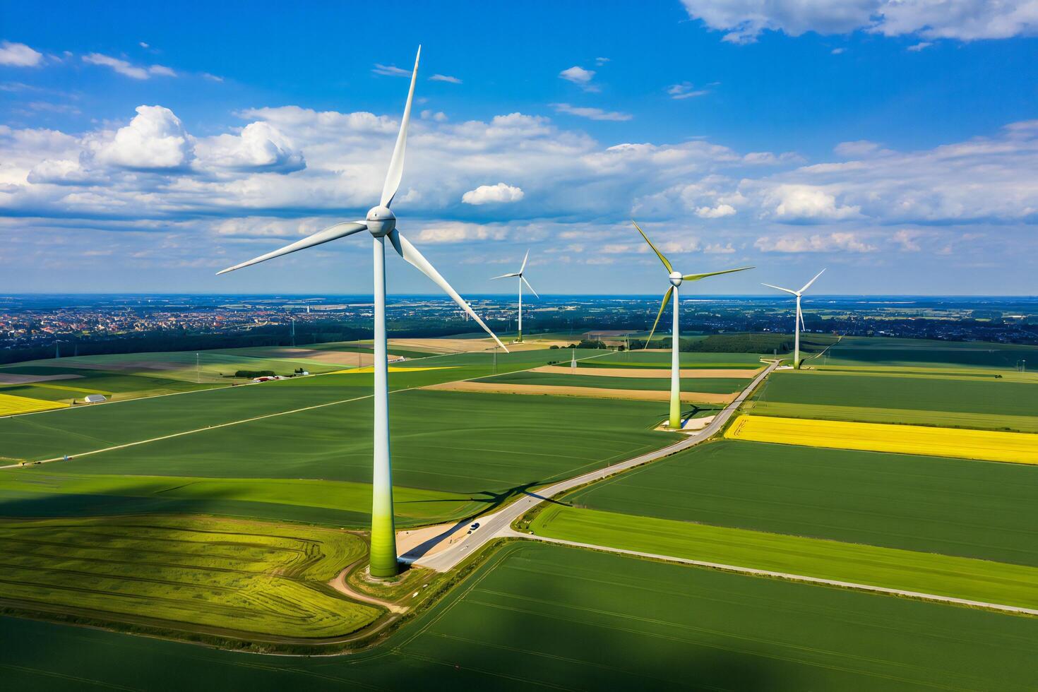 Nature Background Aerial View of Wind Turbines in Green Fields Sustainable Energy Renewable Power Generation photo