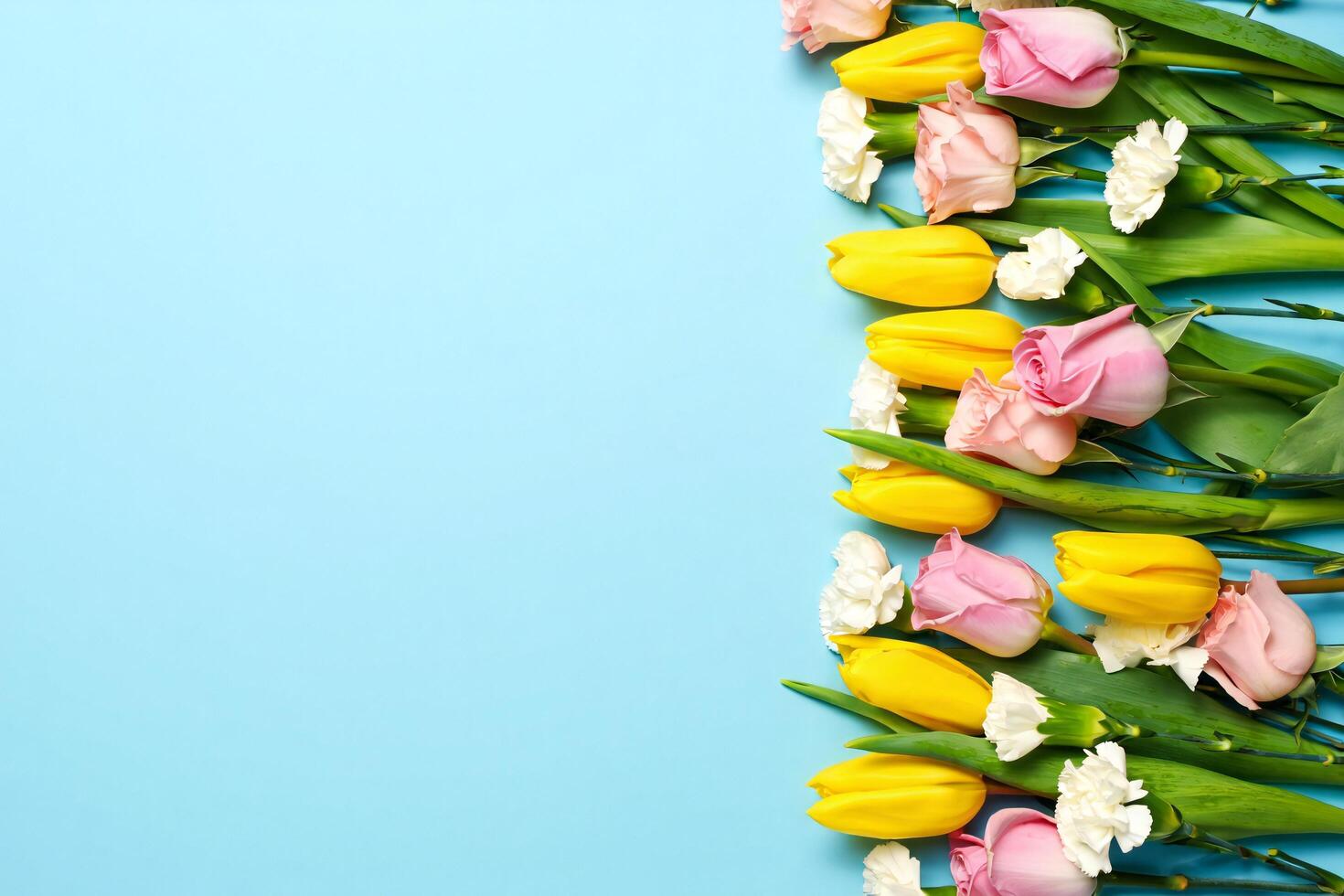 Flowers Background Vibrant Spring Flowers Tulips Roses Carnations on Blue Background photo