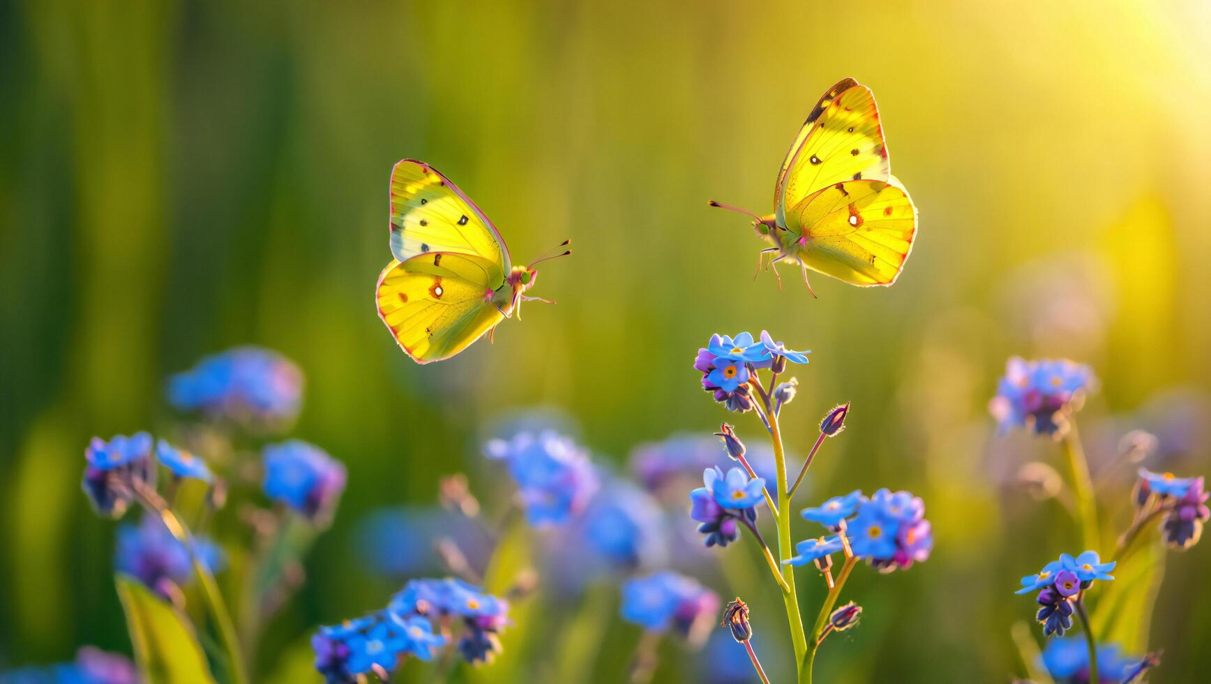 Flowers Background Two Yellow Butterflies Hovering Near Blue Forget Me Nots in a Sunny Meadow photo