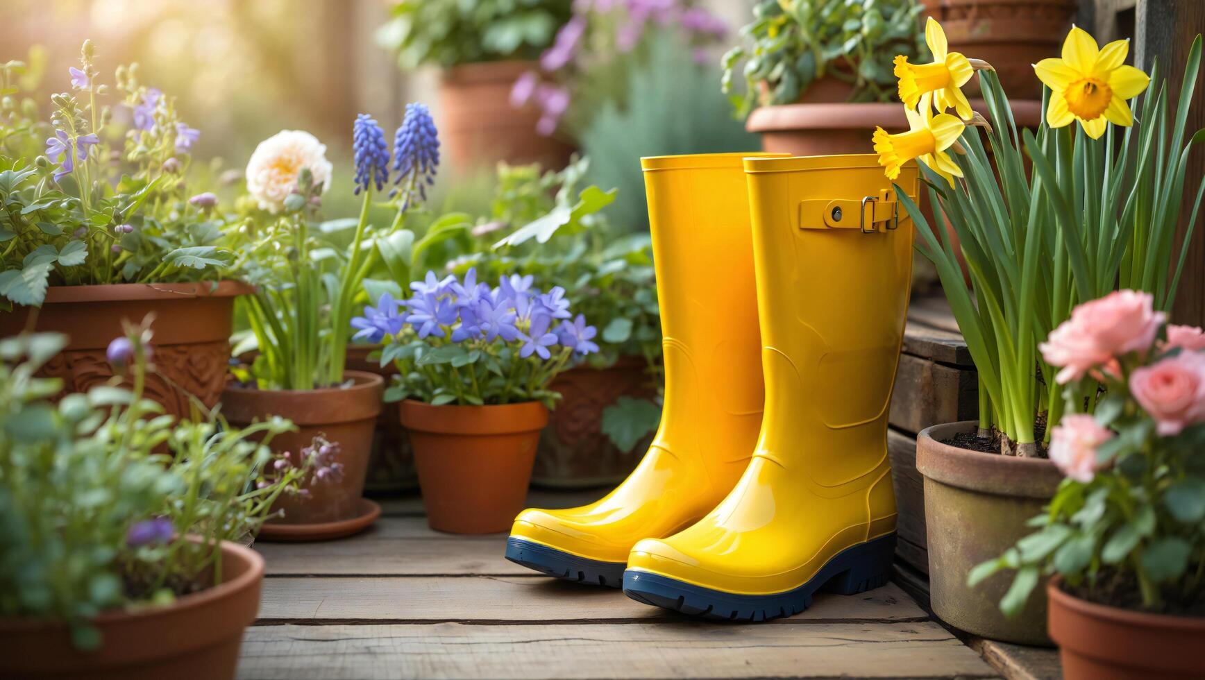 Flowers Background Vibrant Spring Garden Scene with Yellow Rain Boots Blooming Flowers and Potted Plants photo