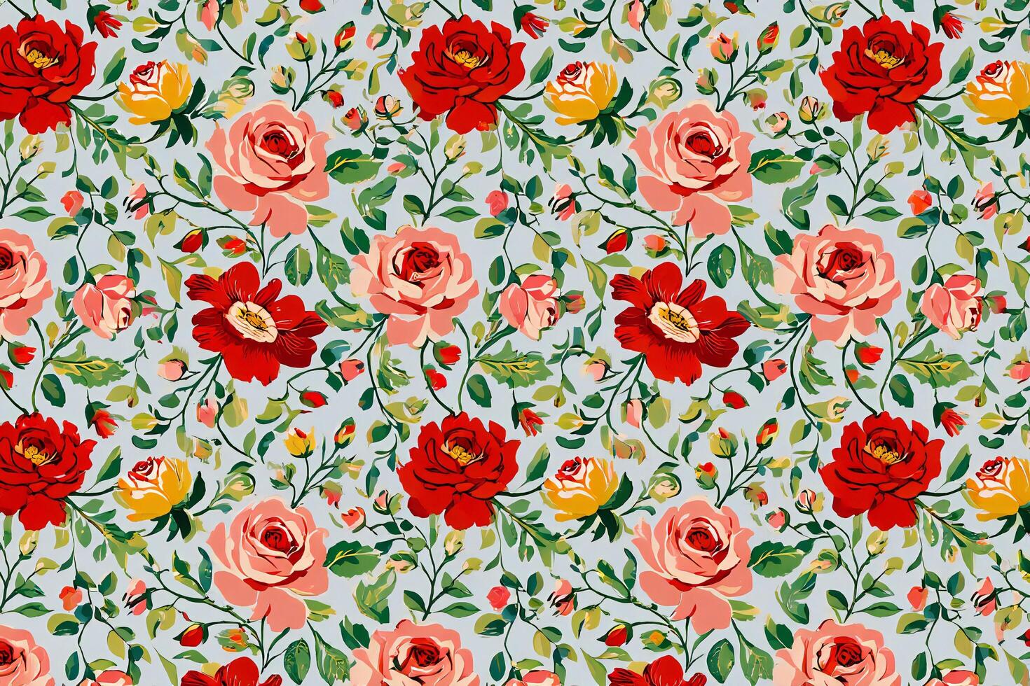 Flowers Background Vibrant Vintage Floral Pattern Seamless Red Pink Yellow Roses on Light Blue Background Textile photo