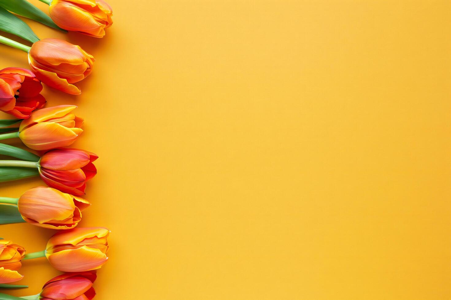 Flowers Background Vibrant Orange Tulips Border on Yellow Background Spring Floral Arrangement Copy Space photo