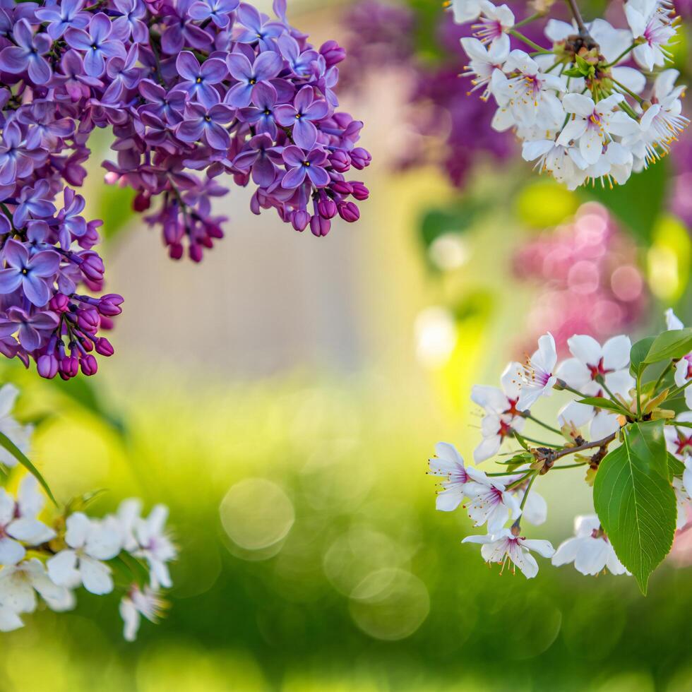 Flowers Background Vibrant Spring Blossoms Lilac and Cherry Flowers in a Sunny Garden photo