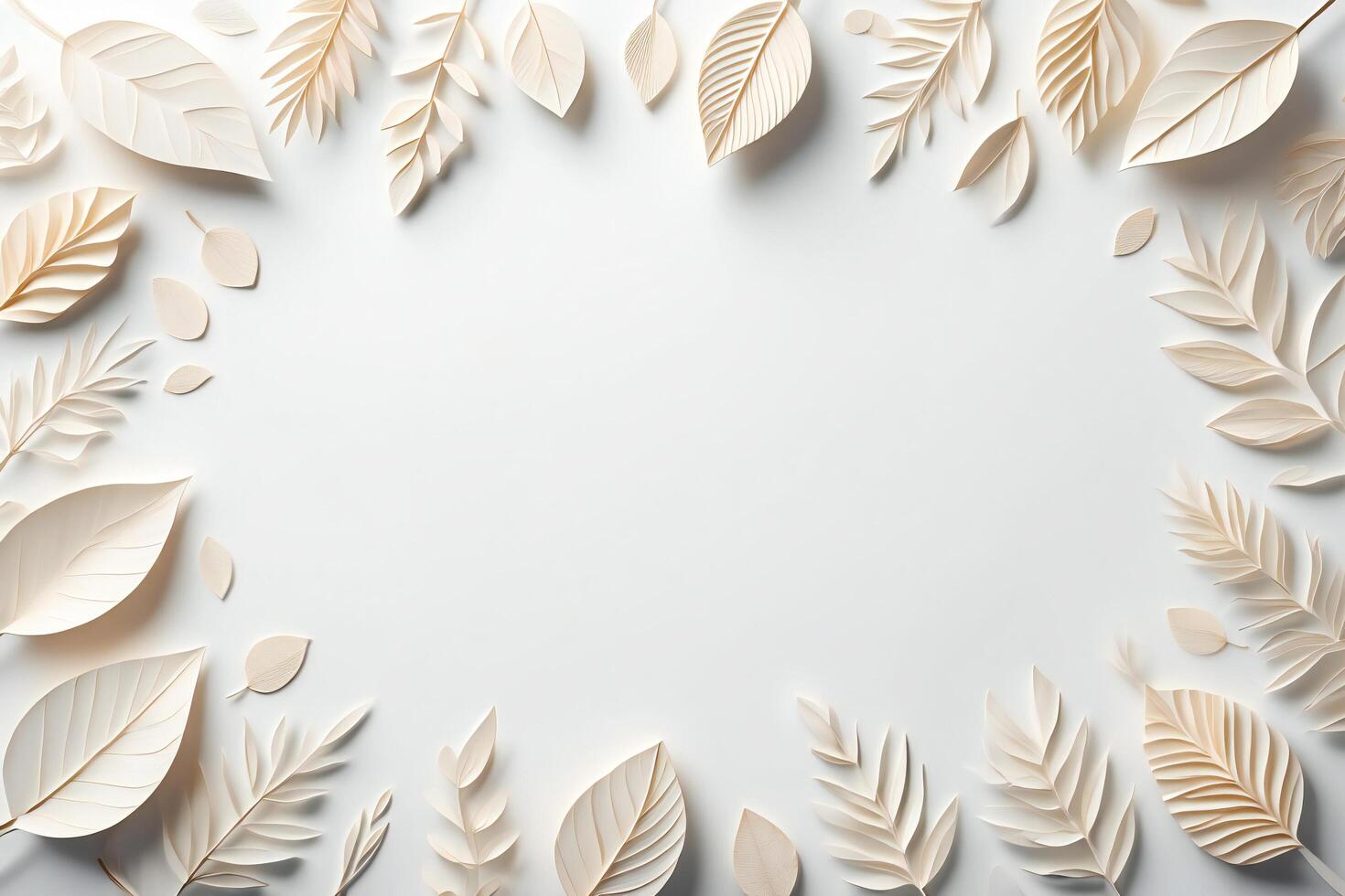Flowers Background Elegant Beige Paper Leaves Frame Botanical Flatlay Minimalist Nature Design White Background photo