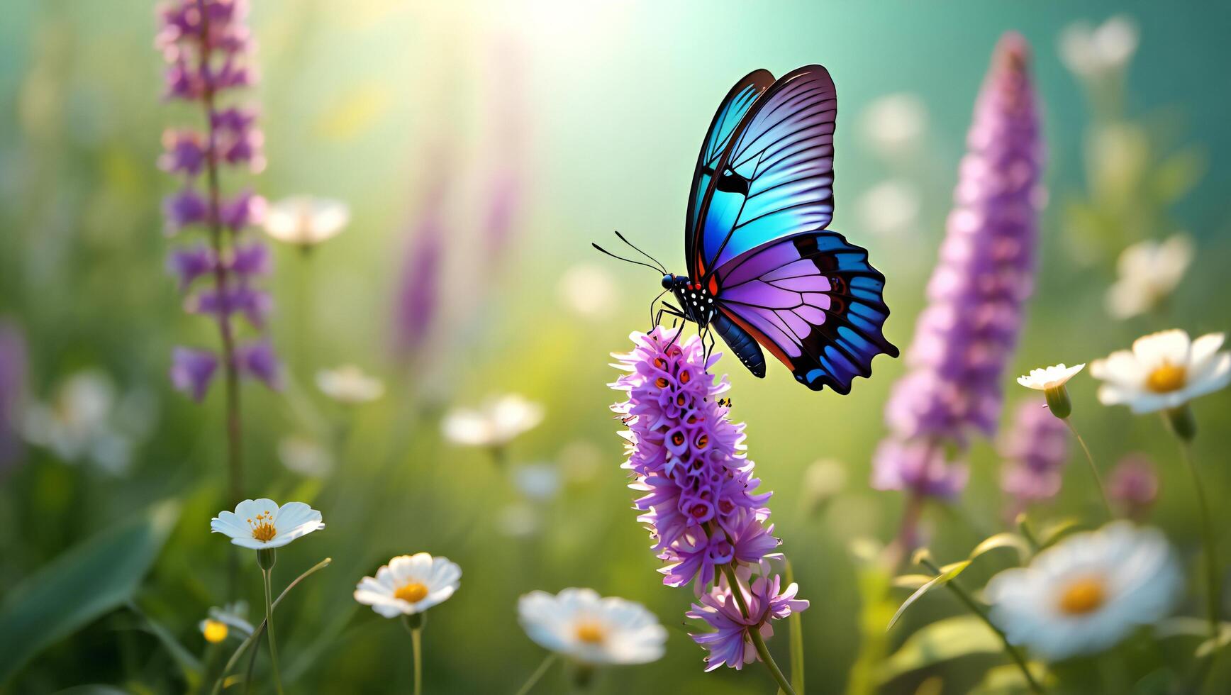 Flowers Background Vibrant Butterfly on Purple Flower in Sunny Meadow Spring Nature Scene photo