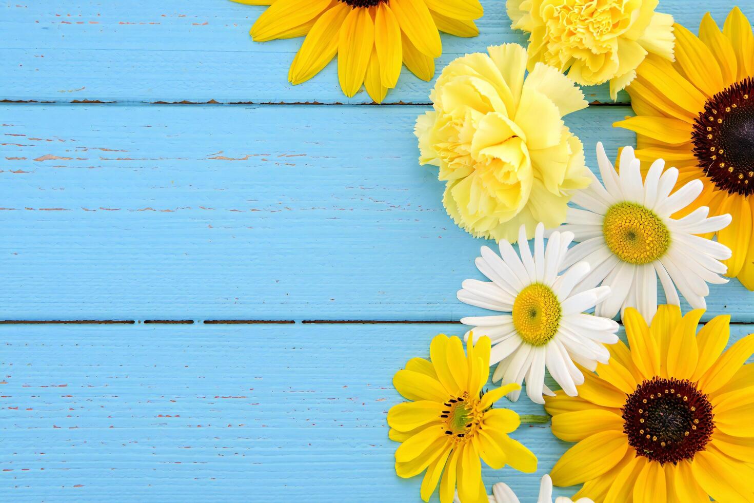Flowers Background Vibrant Yellow and White Flowers on Rustic Light Blue Wooden Background photo