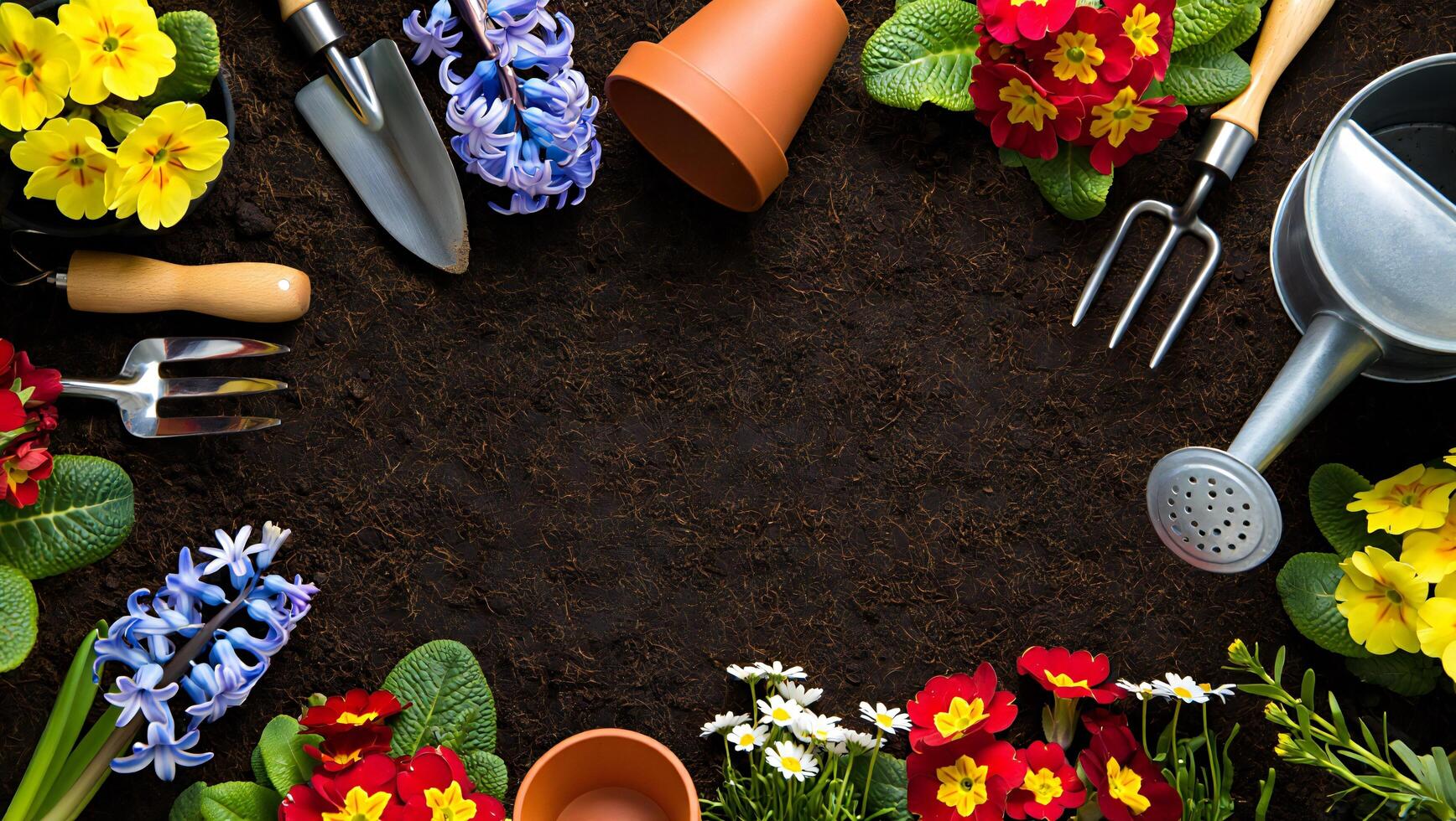 Flowers Background Gardening Supplies and Spring Flowers on Dark Soil Background Flat Lay photo