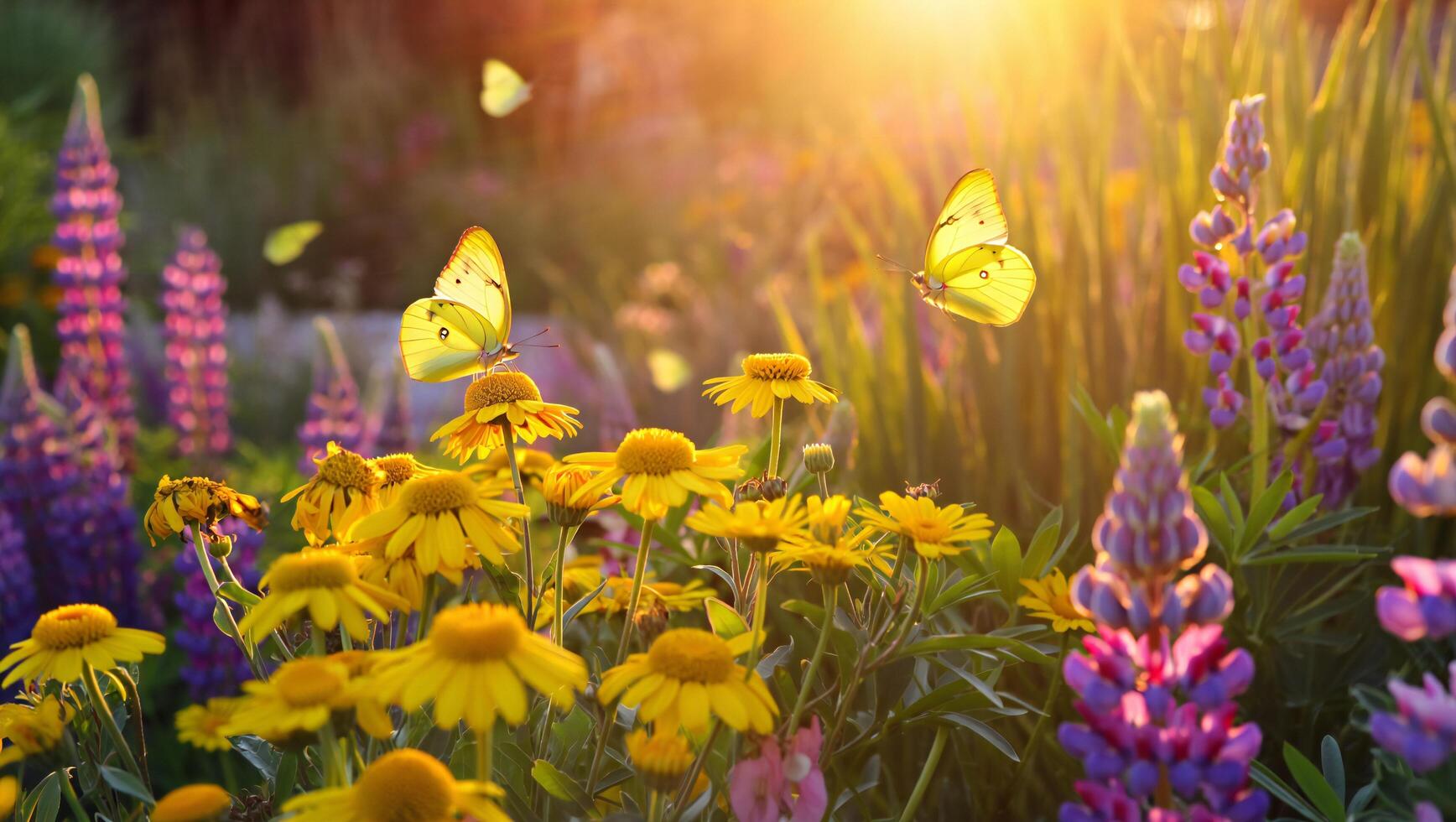 Flowers Background Golden Hour Butterflies Dancing Amongst Vibrant Yellow and Purple Wildflowers in a Sunny Meadow photo