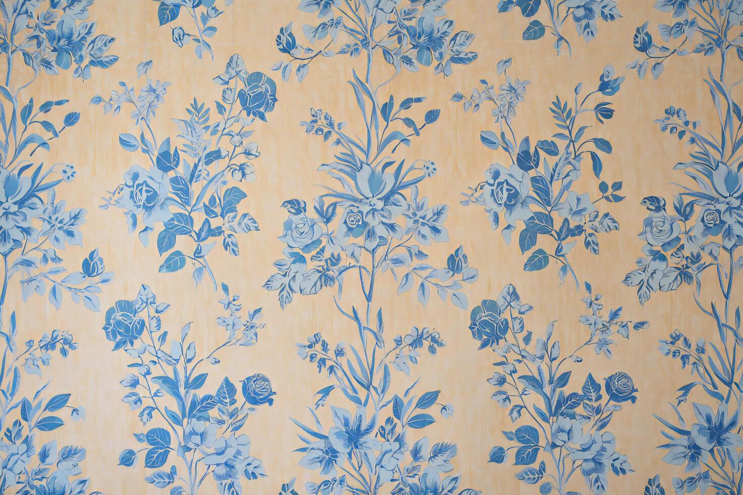 Flowers Background Elegant Blue Floral Wallpaper Pattern Pastel Yellow Background Vintage Style Textile Design photo