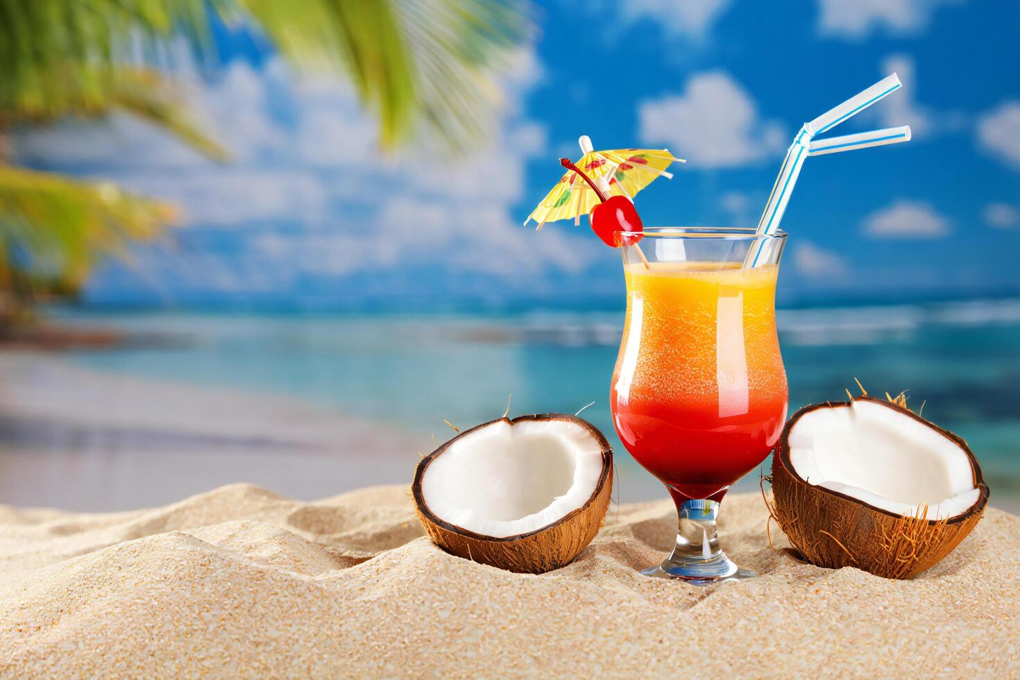 Beach Background Tropical Beach Cocktail Drink in Hurricane Glass with Coconut halves on Sand photo