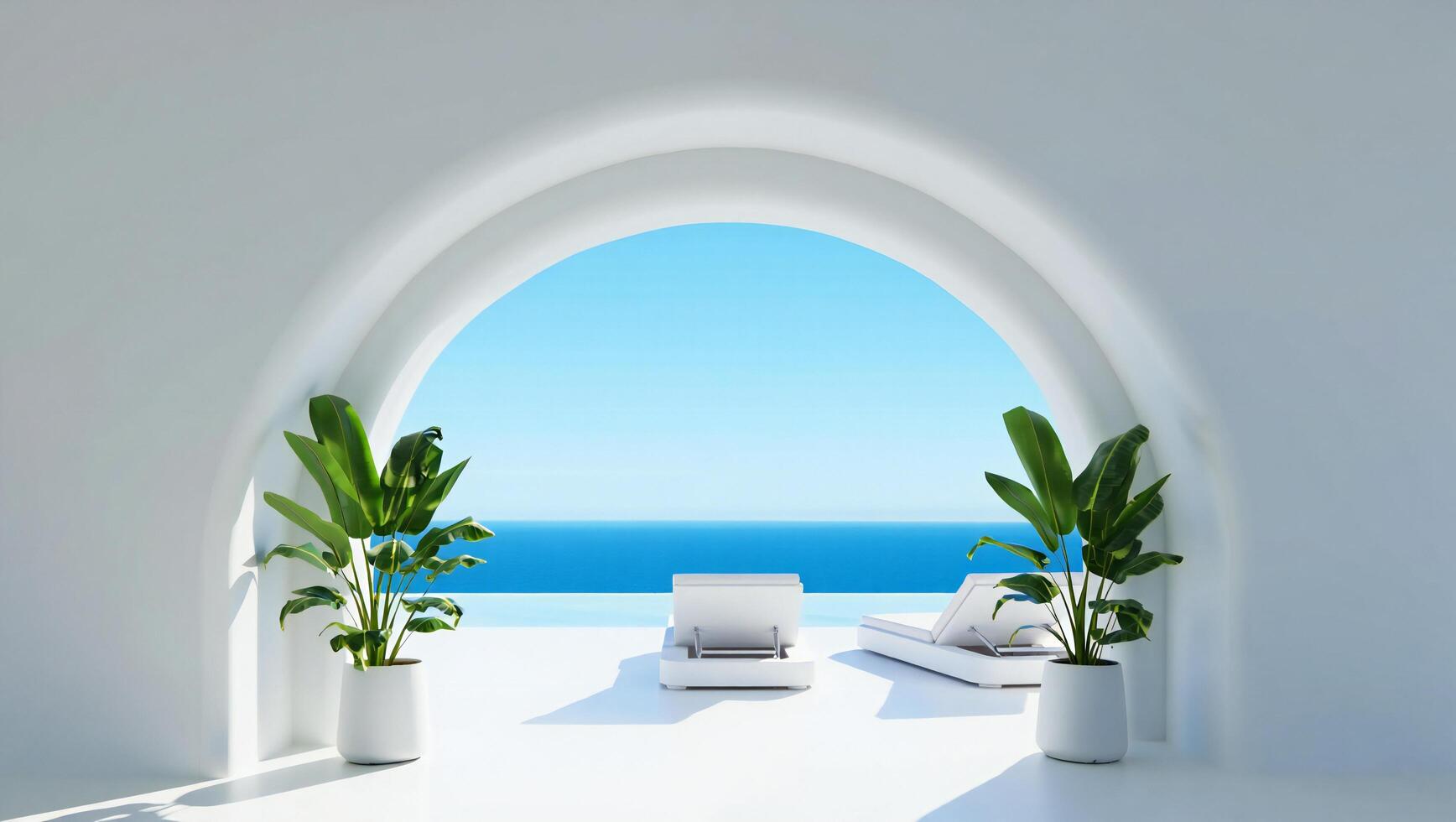 Beach Background Serene Ocean View Luxury White Minimalist Architecture with Tropical Plants and Loungers photo