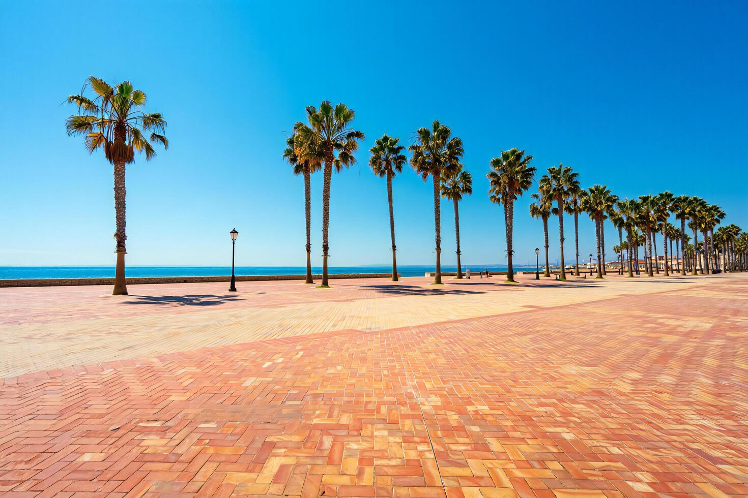 Beach Background Sunny Beach Promenade with Palm Trees Ocean View Summer Vacation Mediterranean Coastline photo