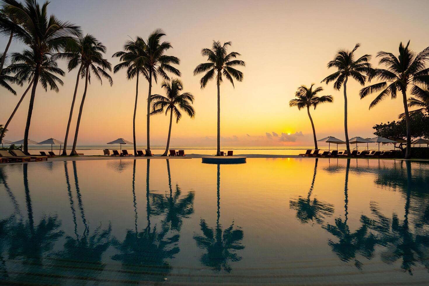 Beach Background Serene Sunrise Tropical Palm Trees Reflecting in a Tranquil Infinity Pool photo