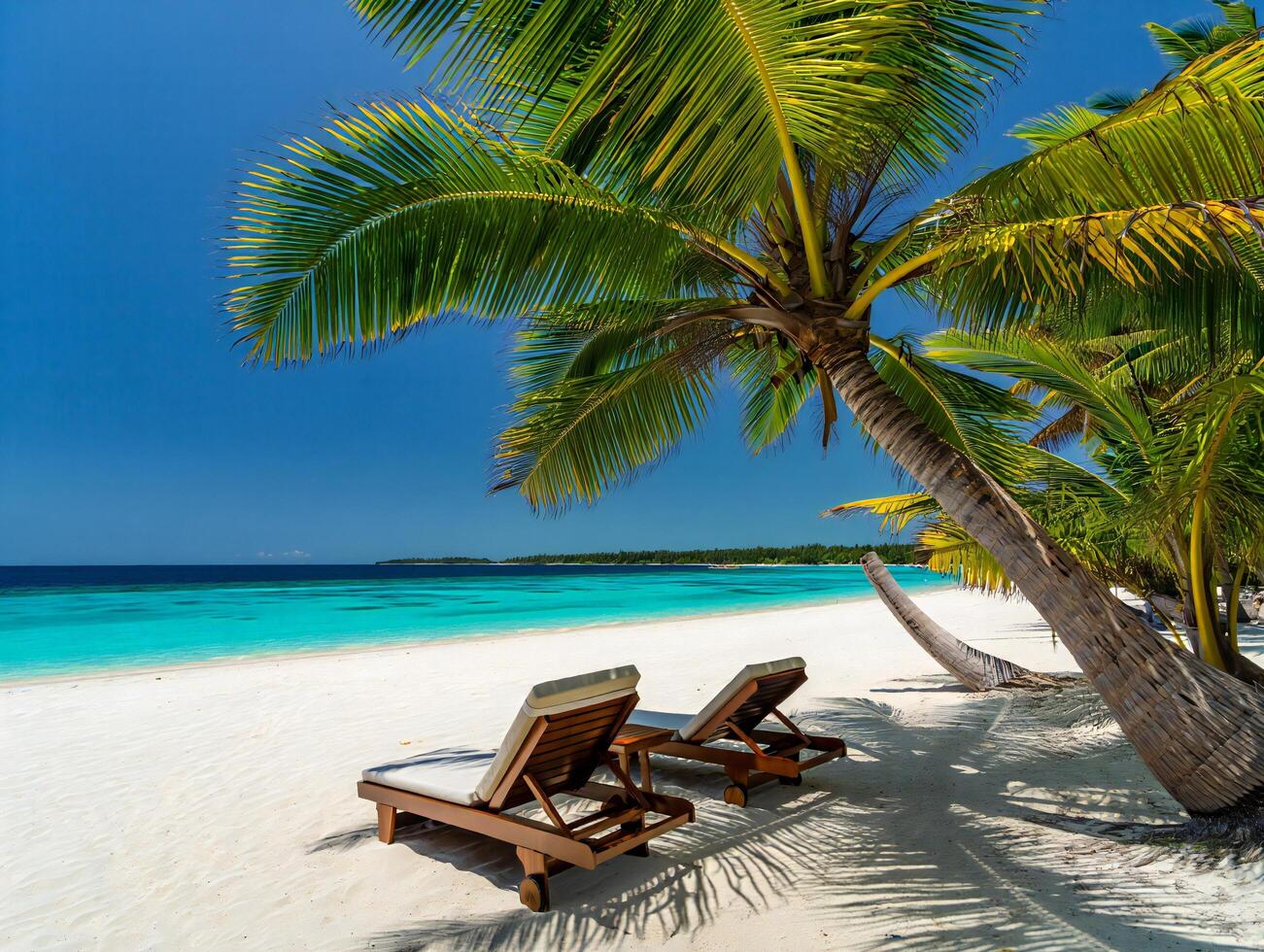 Beach Background Idyllic Tropical Beach Scene Two Lounge Chairs Under Palm Trees Turquoise Ocean photo