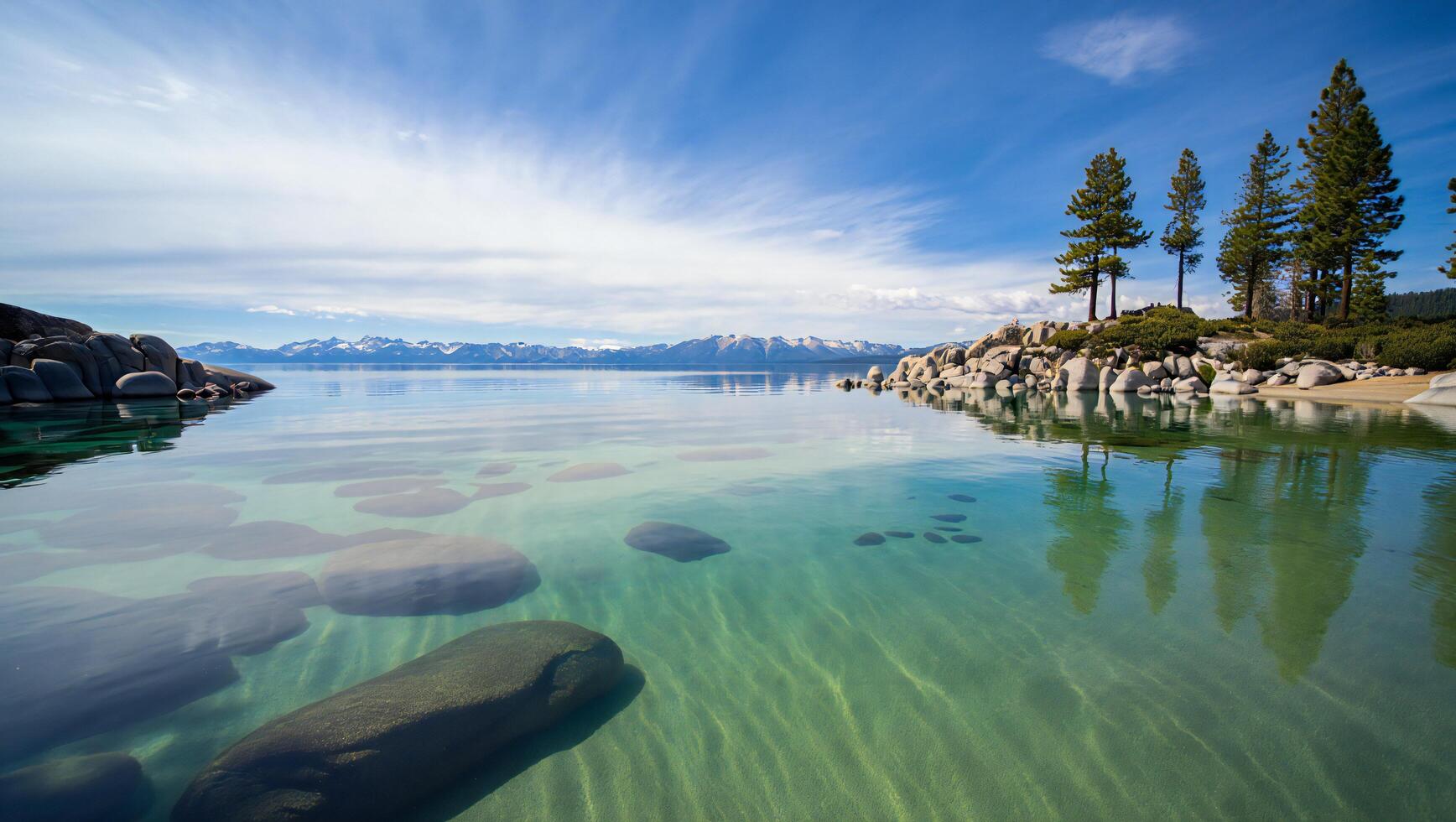 Beach Background Stunning Clear Lake with Rocky Shore Majestic Mountains and Pine Trees photo