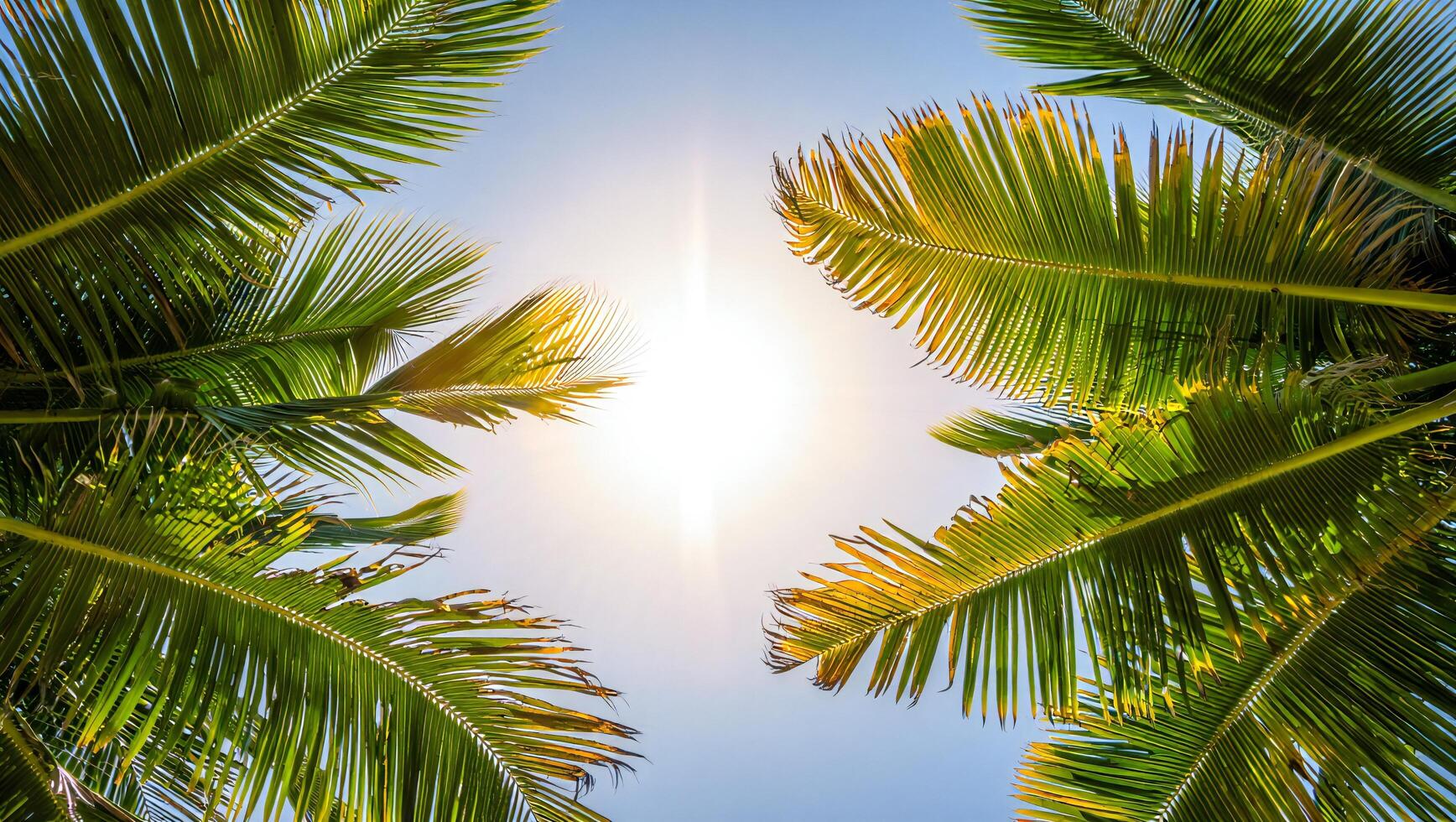 Beach Background Tropical Paradise Sunlit Palm Fronds Against a Vivid Blue Sky photo