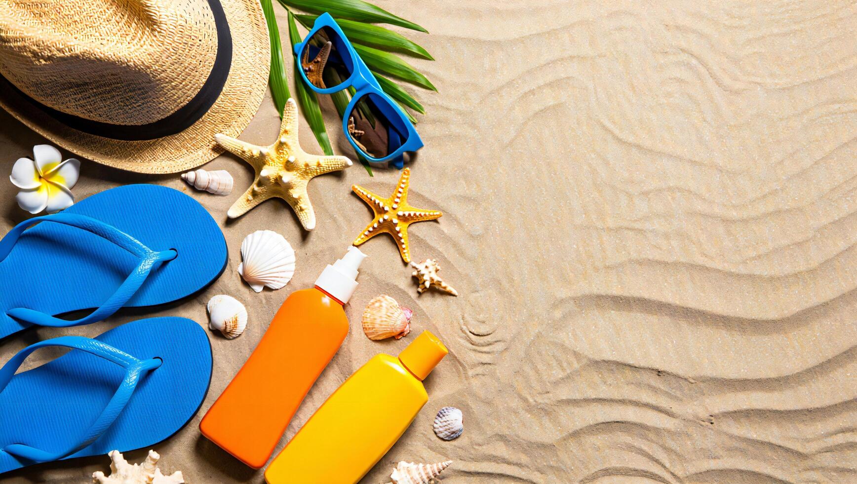 Beach Background Beach Vacation Essentials Summer Fun on Sandy Shore with Flip Flops Sunblock and Sunglasses photo