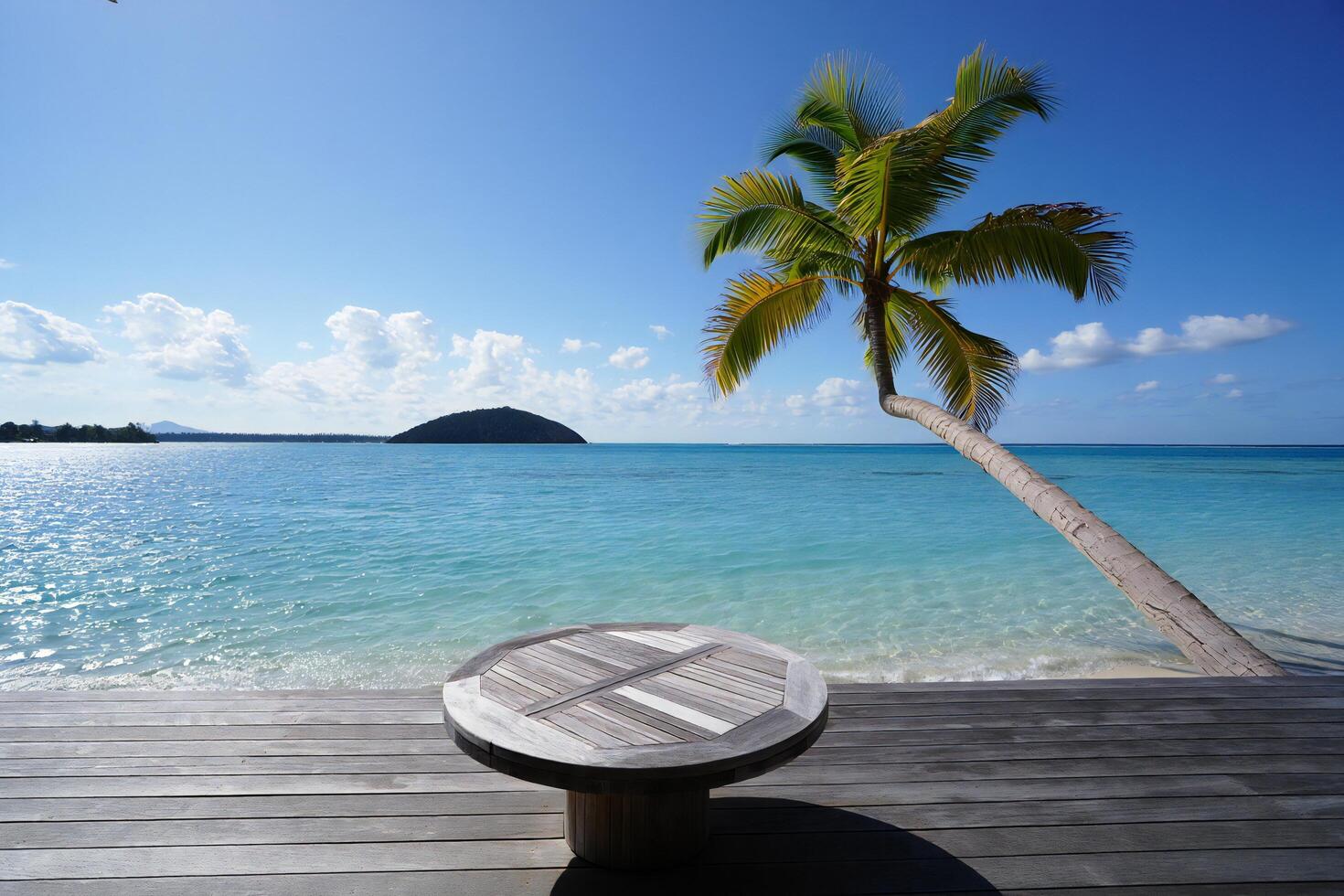 Beach Background Serene Tropical Beach Scene Ocean View with Palm Tree and Wooden Table photo