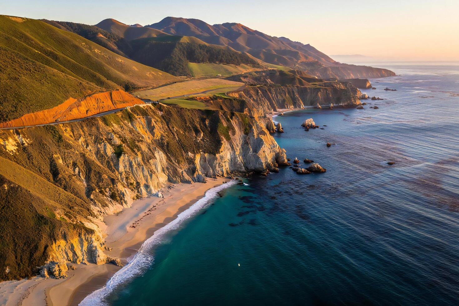 Beach Background Stunning Aerial View of Pacific Coast Highway Dramatic Cliffs Ocean Beach at Sunset photo