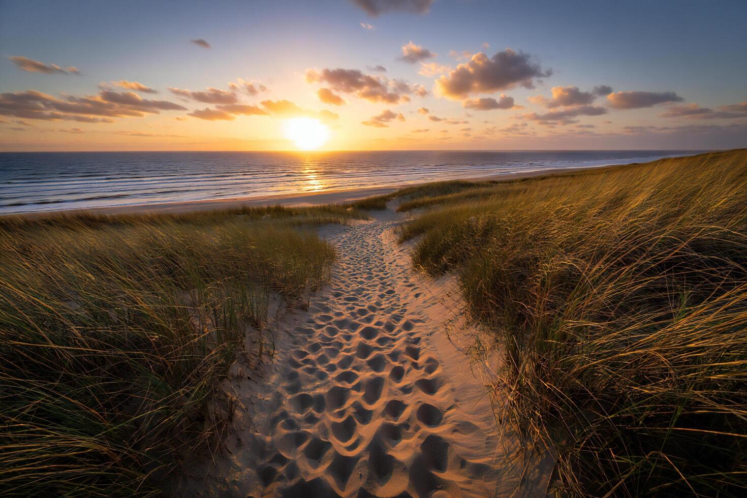Beach Background Scenic Sunset Beach Path Golden Hour Dunes Ocean View Footprints in Sand photo