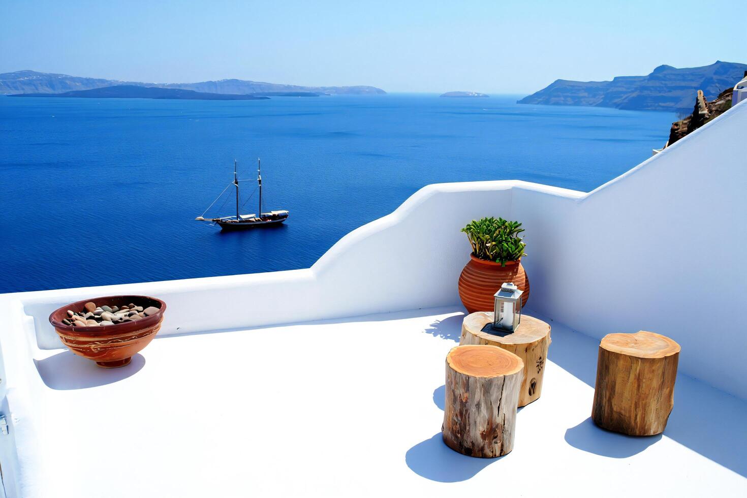 Beach Background Stunning Santorini Seascape Whitewashed Terrace with Ocean View Wooden Stools Potted Plants photo