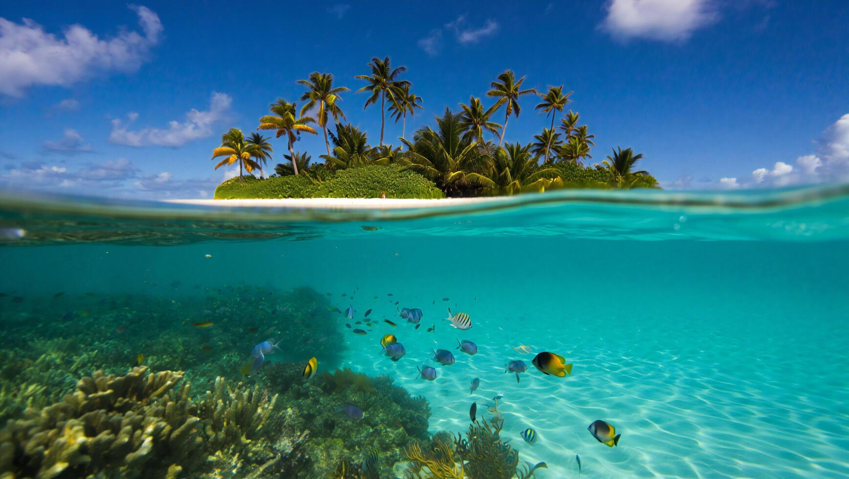 Beach Background Tropical Island Paradise Overwater Underwater Scene with Palm Trees Colorful Fish photo