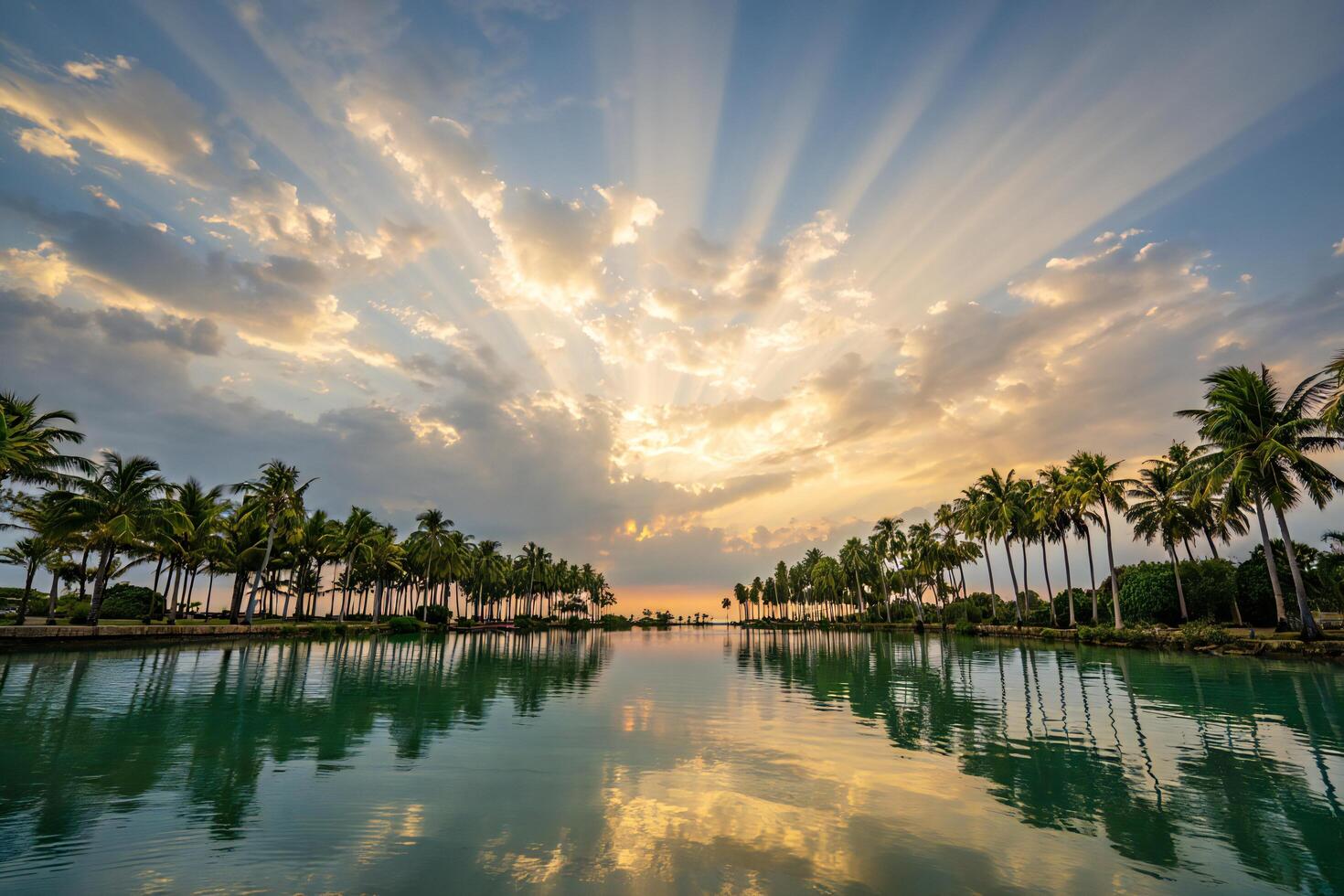 Beach Background Serene Sunset over Tropical Canal with Palm Trees and Sun Rays photo