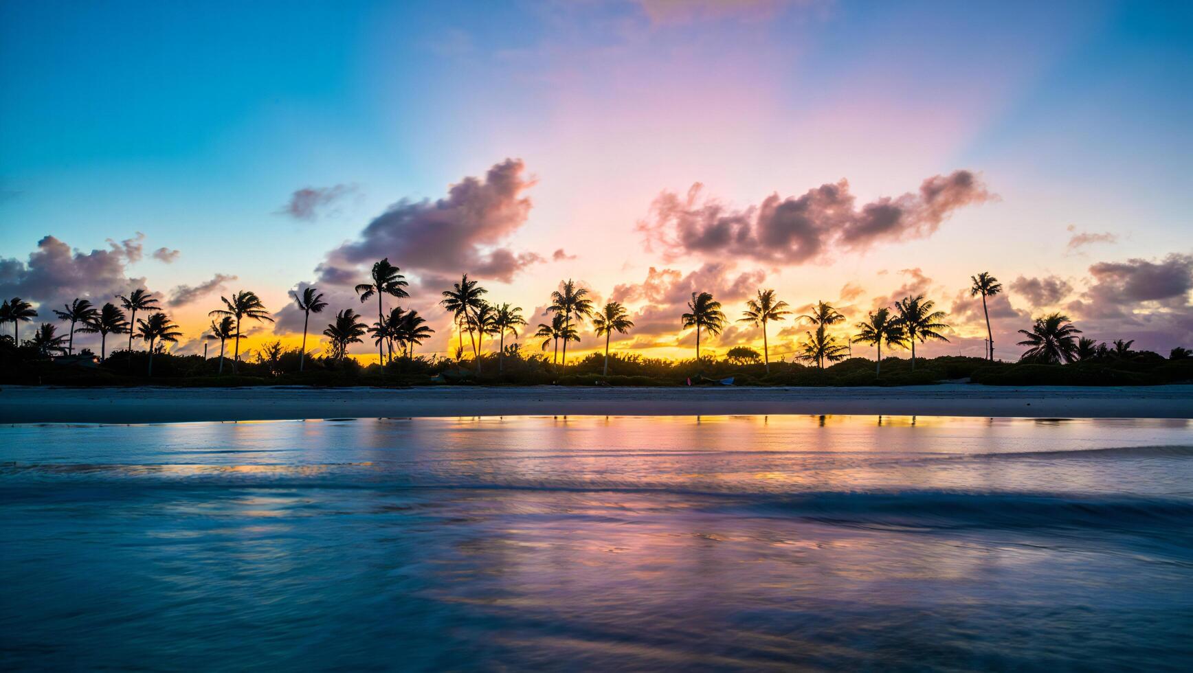 Beach Background Serene Tropical Beach Sunset Palm Trees Silhouetted Against Vibrant Sky photo