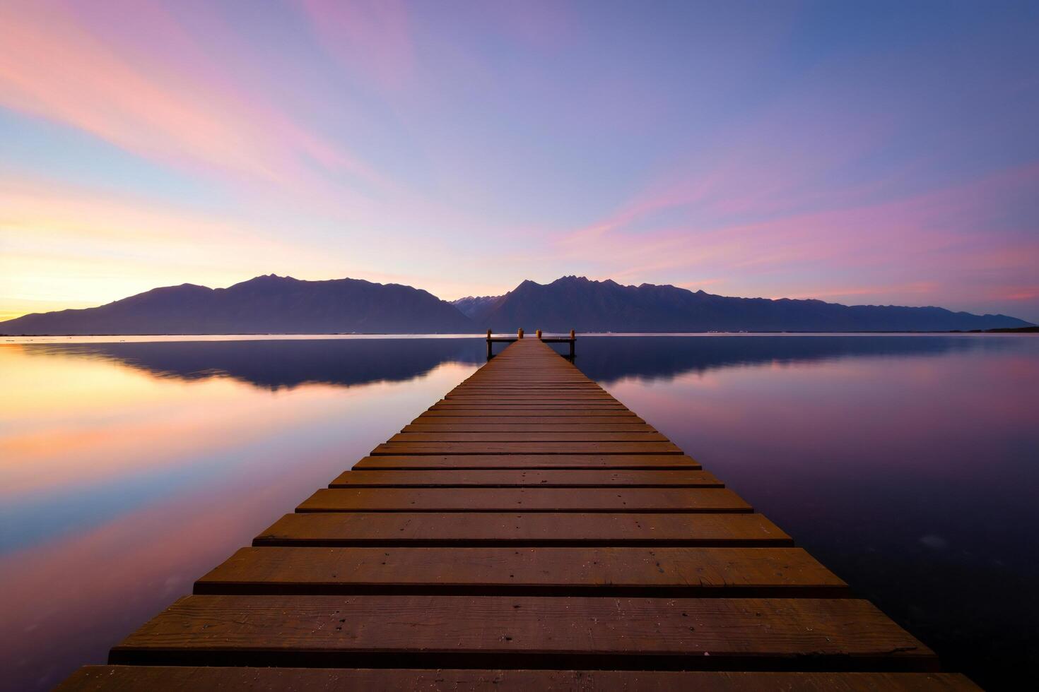 Beach Background Serene Sunrise over Calm Lake with Wooden Dock and Mountain Range photo