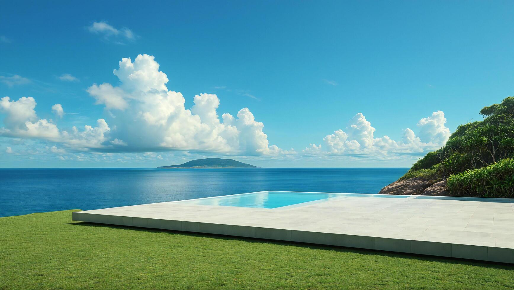 Beach Background Serene Infinity Pool Overlooking Ocean Island View Sunny Day photo
