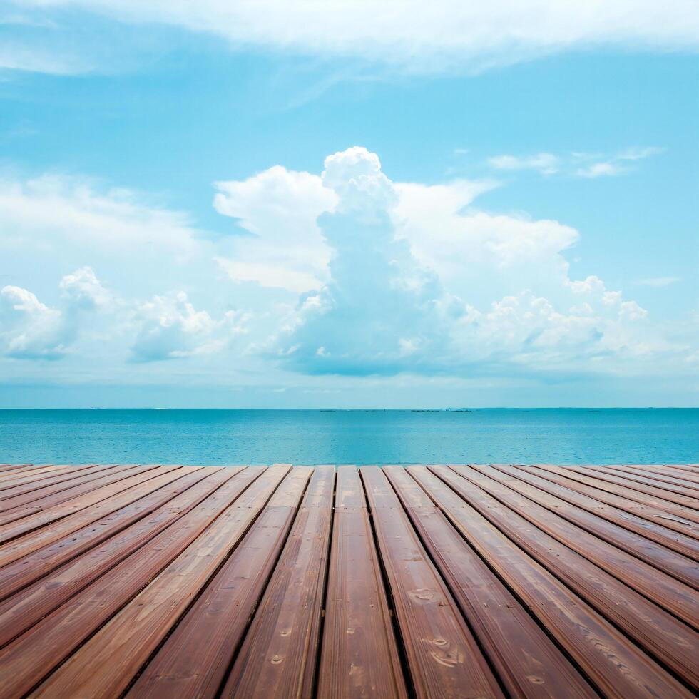 Beach Background Serene Ocean View Wooden Deck Blue Sky Fluffy Clouds Seascape photo