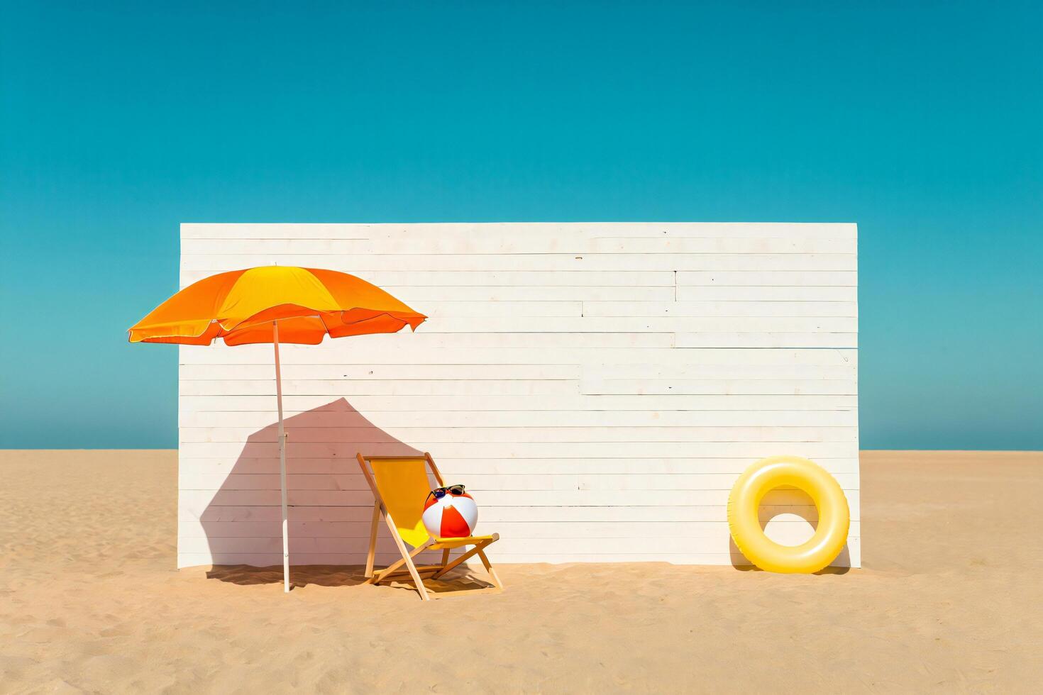 Beach Background Summer Beach Scene Deck Chair Umbrella Inflatable Ring Beach Ball by White Wall photo