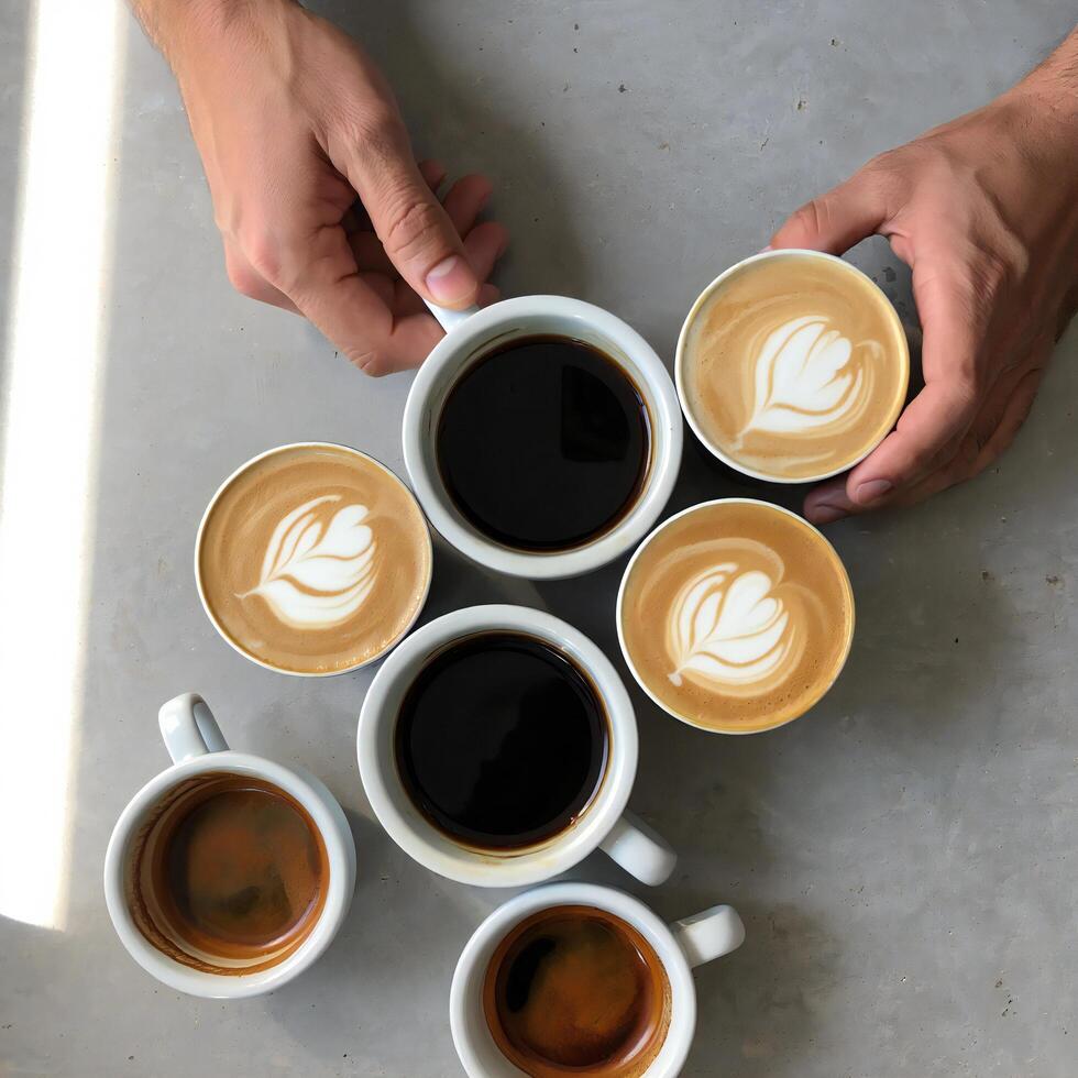 Coffee Background Aromatic Coffee Drinks Latte Art Espresso and Black Coffee Assortment photo