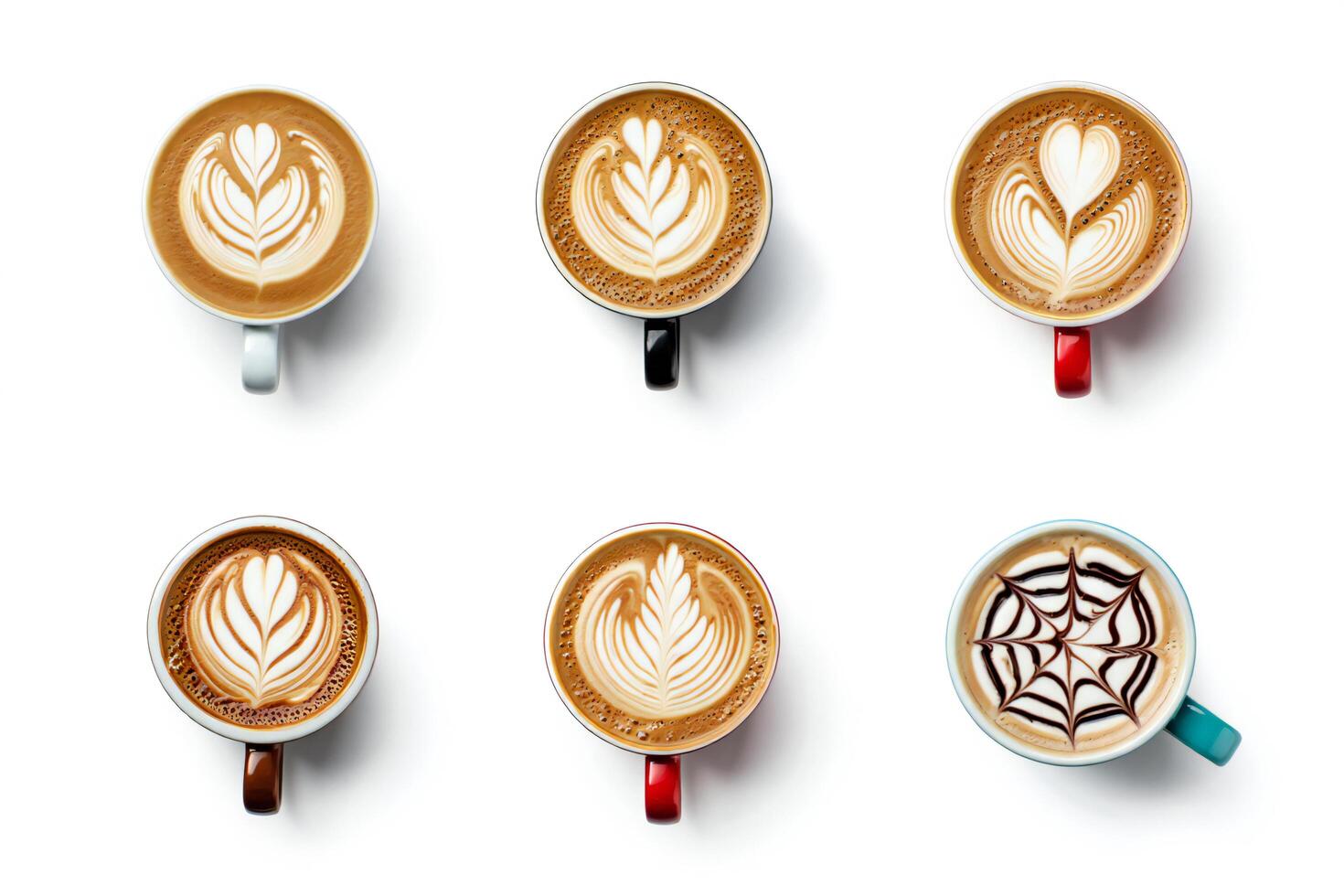 Coffee Background Six Cups of Latte Art Coffee Various Designs Top View White Background photo