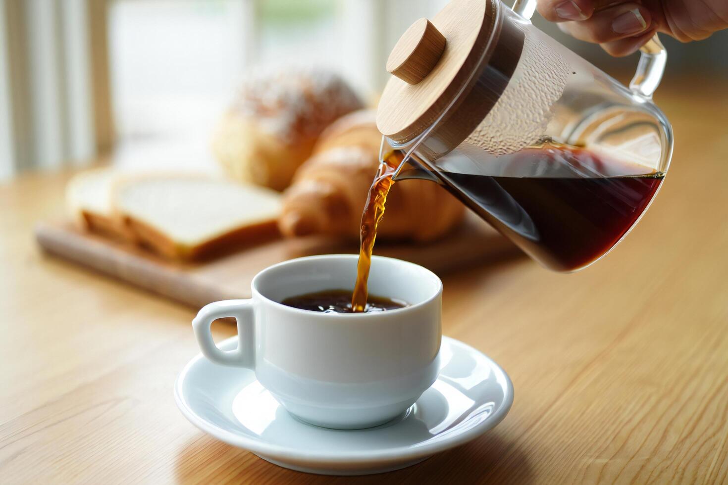 Coffee Background Pouring Fresh Coffee into Cup Breakfast Table Setting Coffee Beans Bakery Items photo