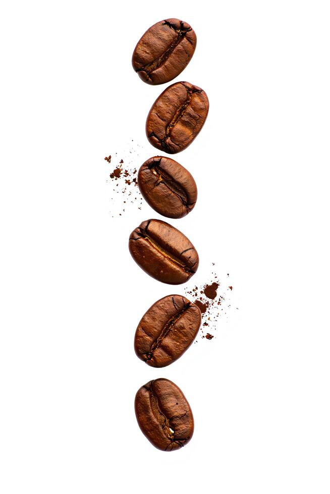 Coffee Background Aromatic Roasted Coffee Beans Falling Isolated on White Background Coffee Grounds photo