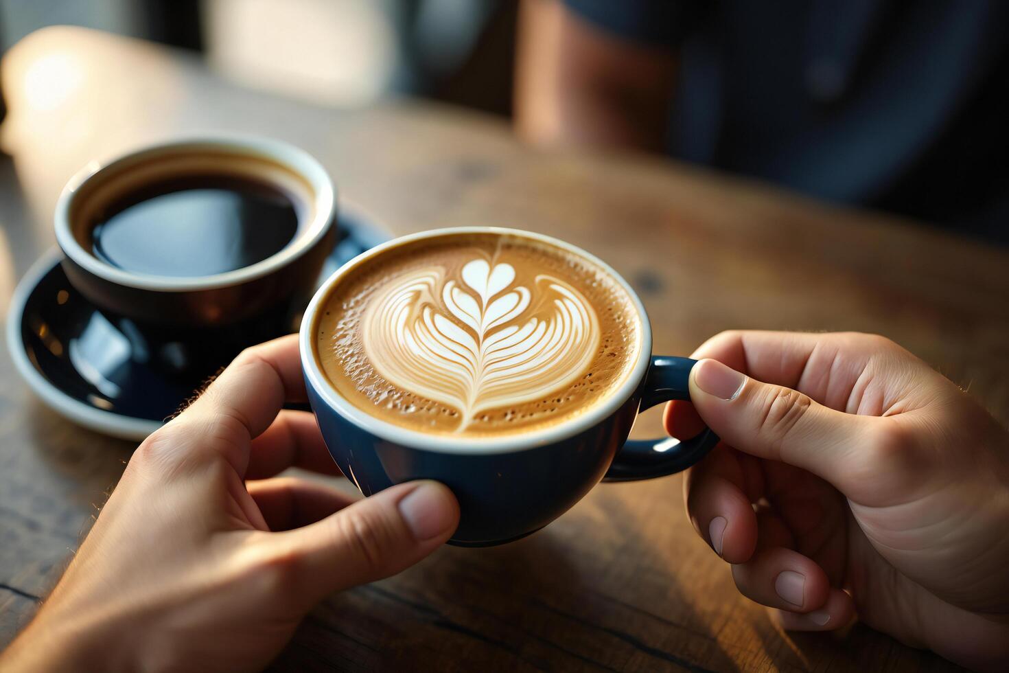 Coffee Background Exquisite Latte Art Close up of Hands Holding a Delicious Coffee Drink with Foam Design photo
