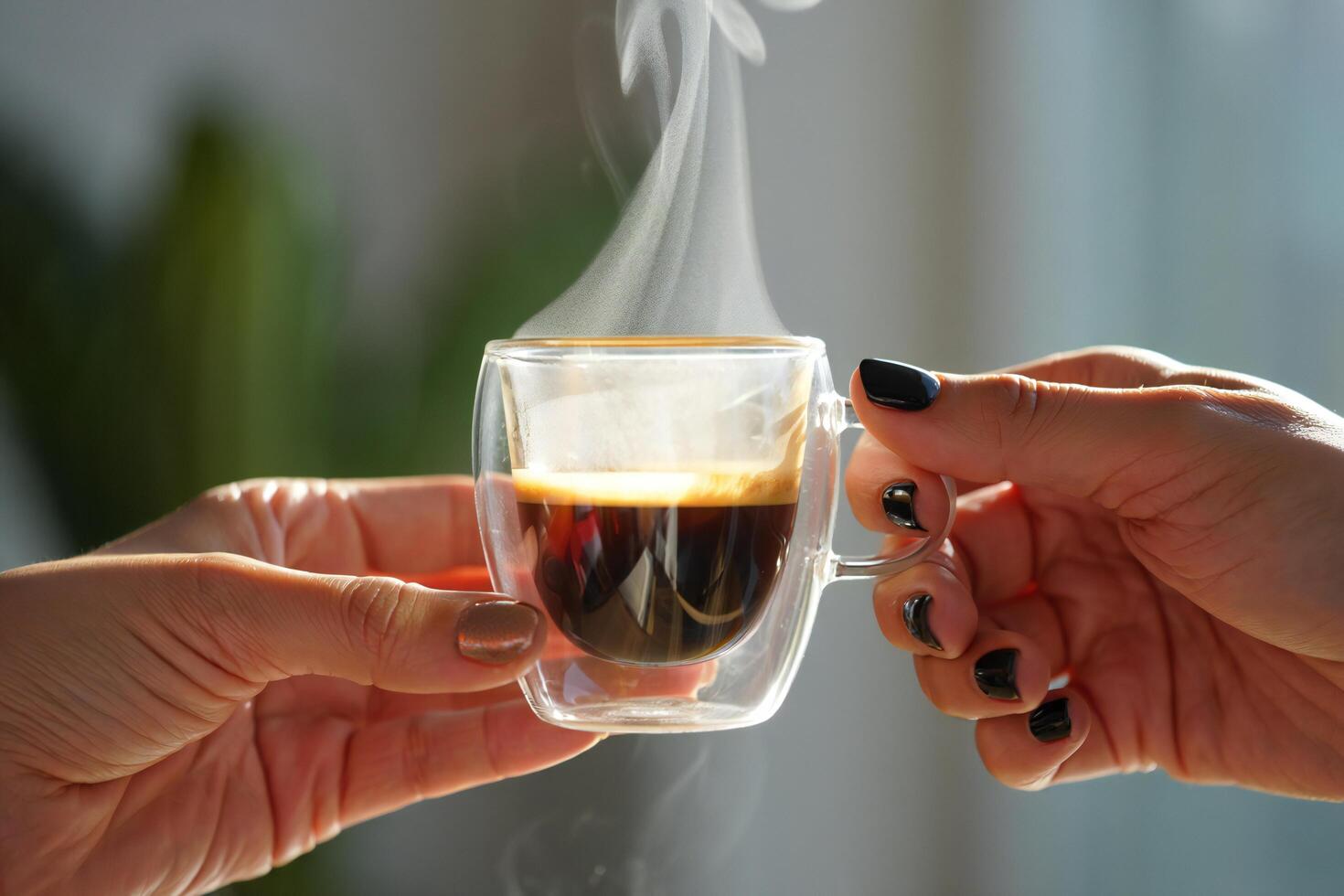Coffee Background Two Hands Sharing a Steaming Cup of Espresso Coffee Close up photo