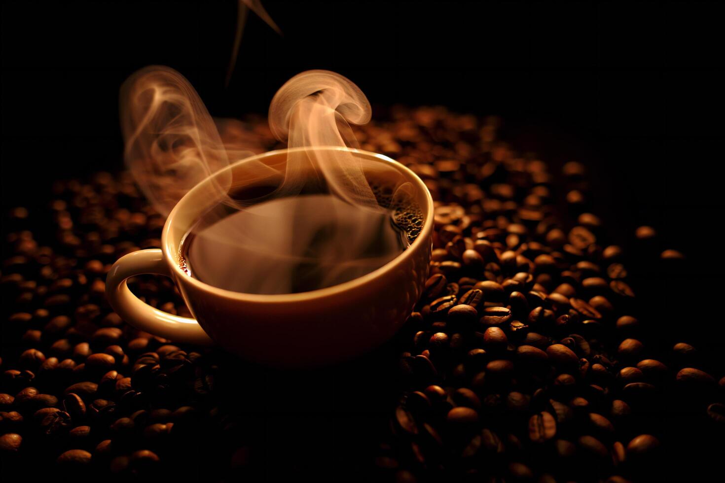 Coffee Background Aromatic Steaming Cup of Coffee on Roasted Beans Background photo