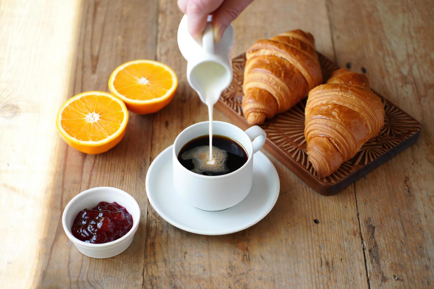 Coffee Background Delicious Breakfast Coffee Croissants Oranges Jam Wooden Table Setting photo
