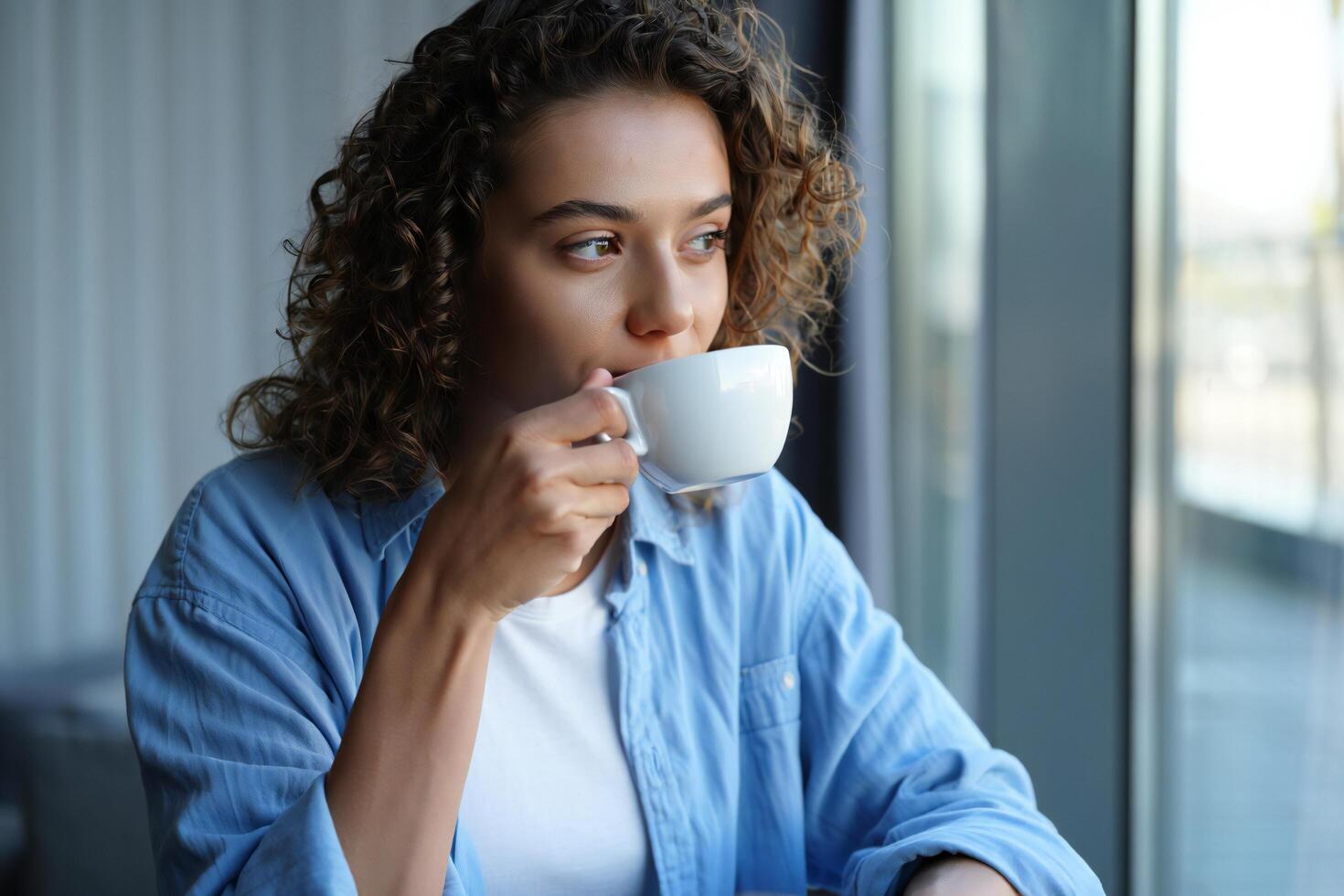 Coffee Background Young Woman with Curly Hair Enjoying a Hot Drink by Window photo