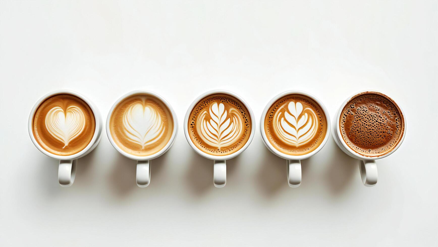 Coffee Background Five Cups of Latte Art Coffee Drinks in a Row White Background photo