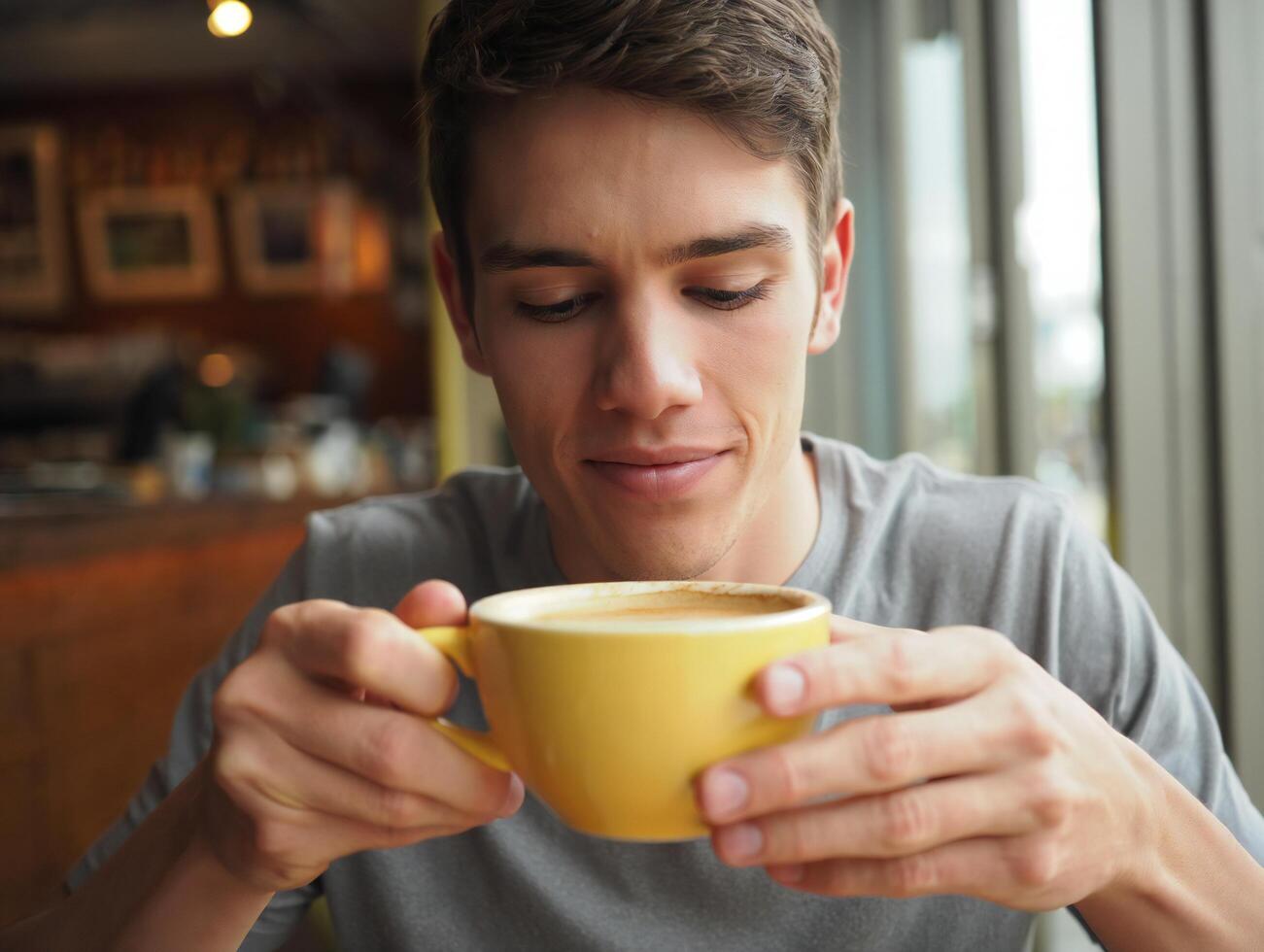 Coffee Background Young Man Enjoying a Latte in a Coffee Shop Relaxed Atmosphere photo