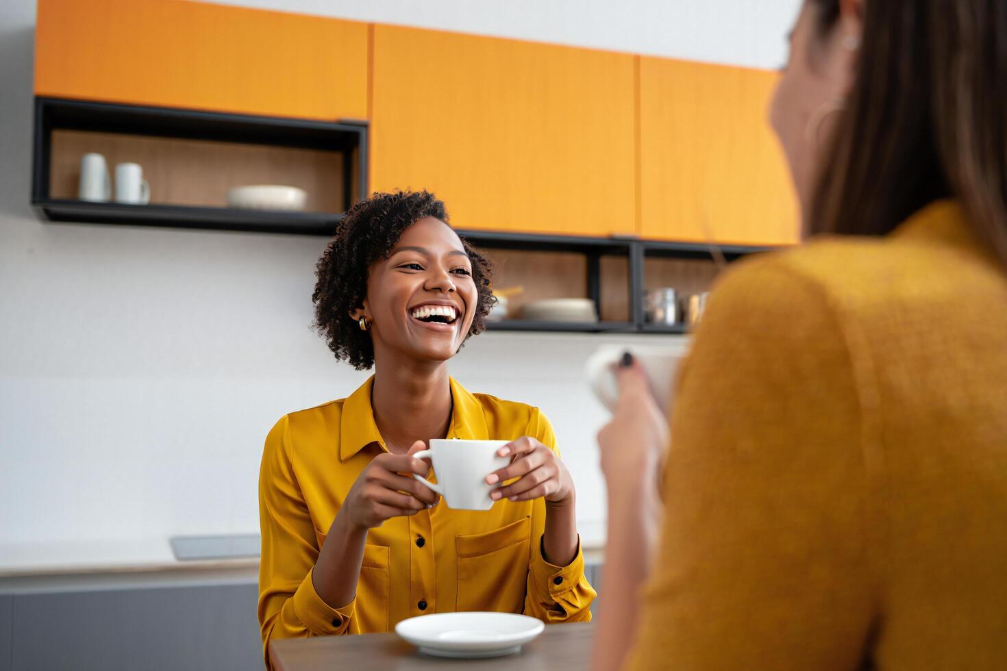 Coffee Background Happy African American Woman Enjoying Coffee with Friend in Modern Kitchen photo